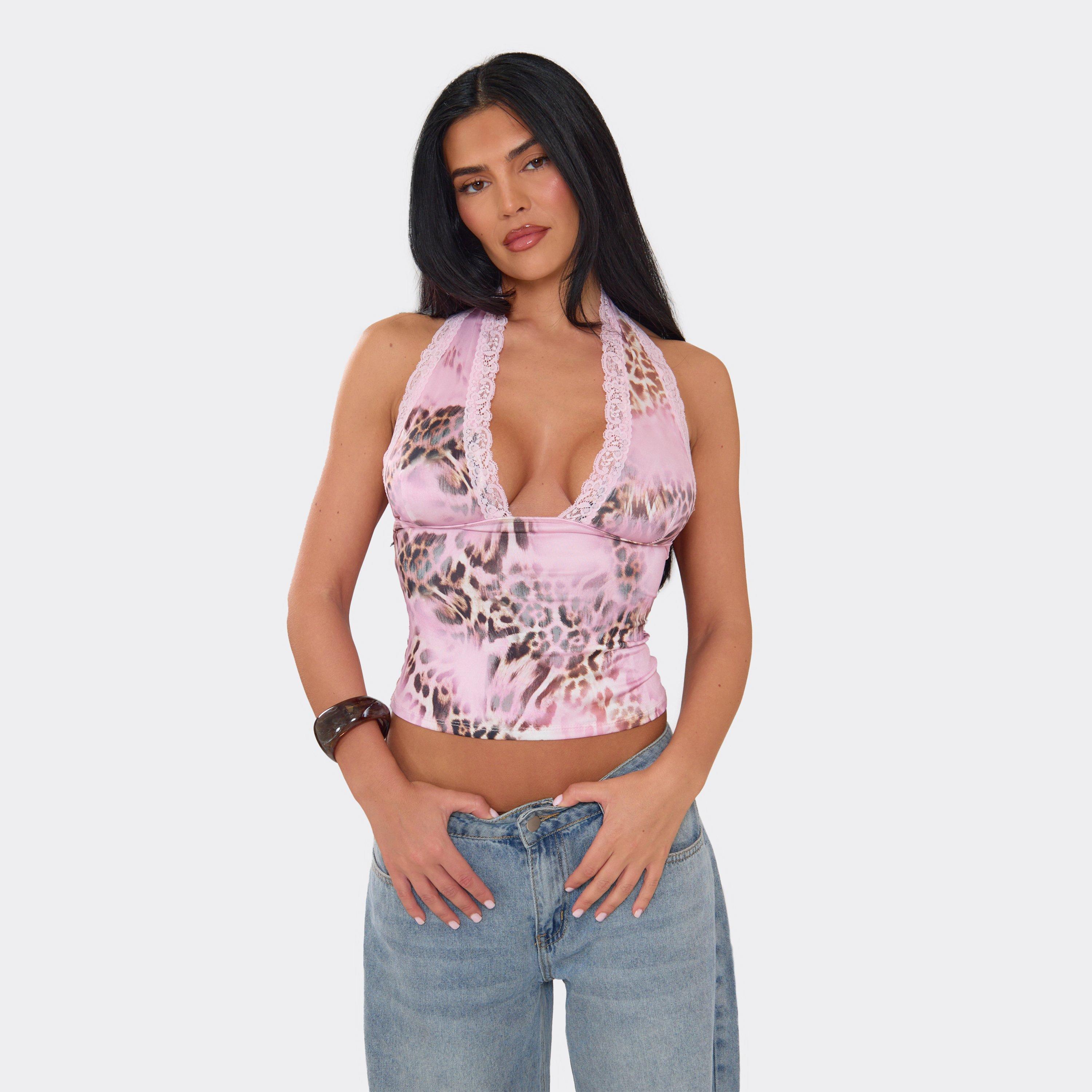Halterneck Plunge Front Lace Trim Detail Top In Pink Leopard Print Slinky, Women's Size UK 6