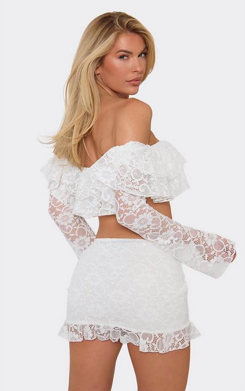Off The Shoulder Frill Detail Long Sleeve Top In White Lace | EGO