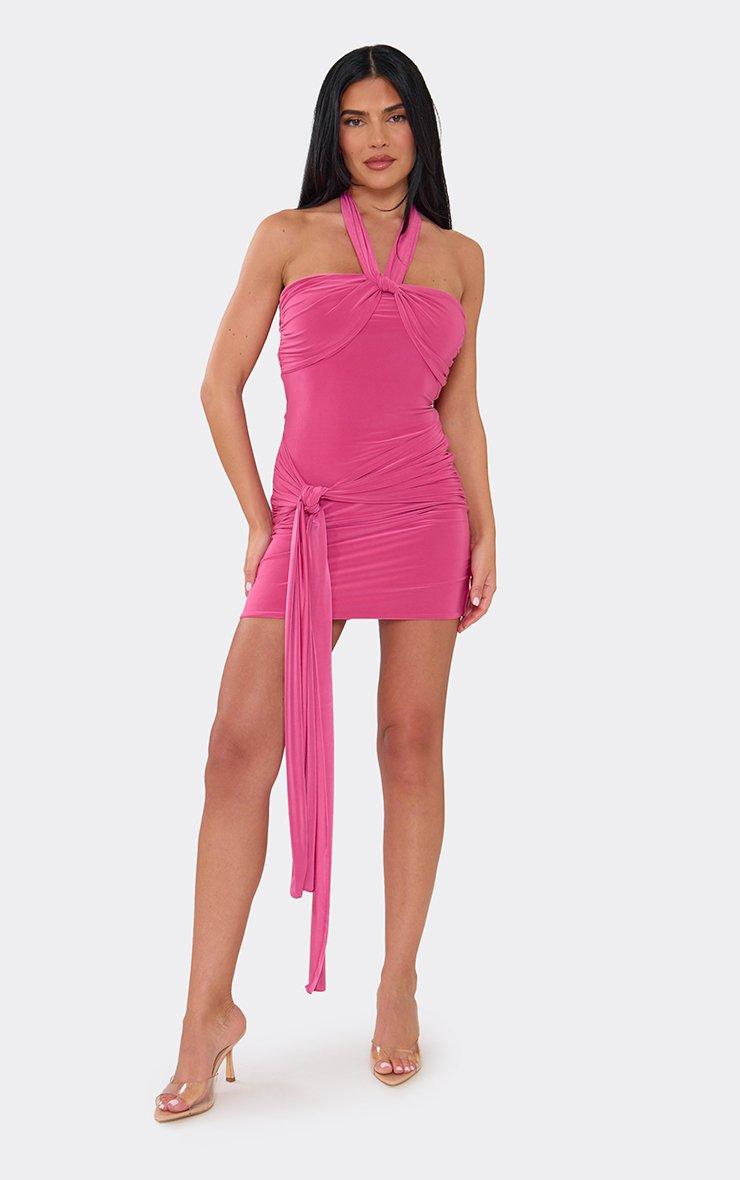 Halterneck Twist Back Detail Tie Drape Front Mini Dress In Hot Pink | EGO  US | EGO