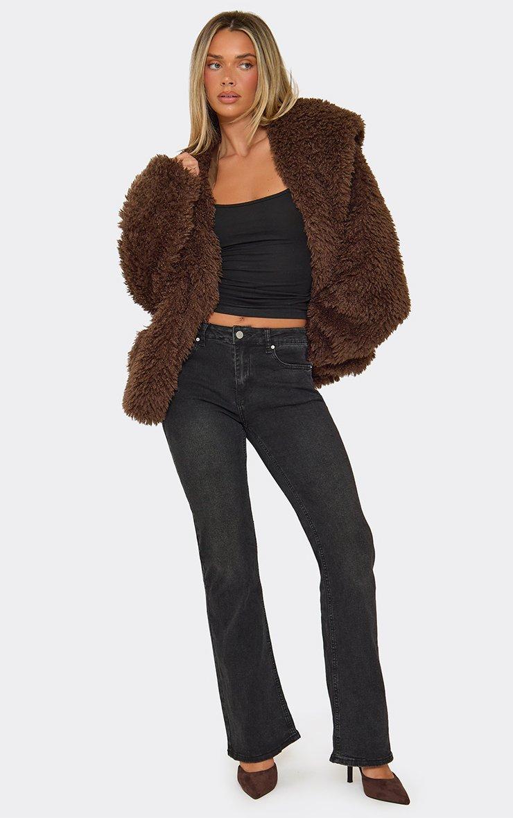 Long Sleeve Oversized Hooded Coat In Chocolate Brown Shaggy Faux Fur