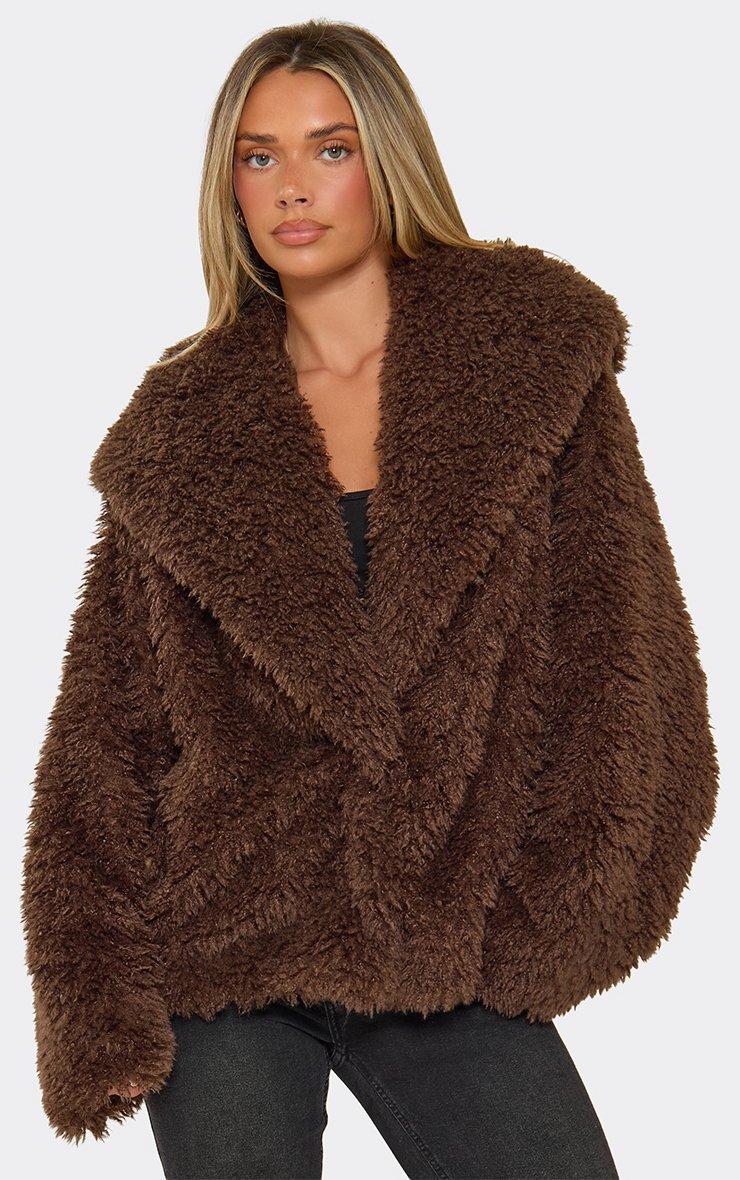 Long Sleeve Oversized Hooded Coat In Chocolate Brown Shaggy Faux Fur