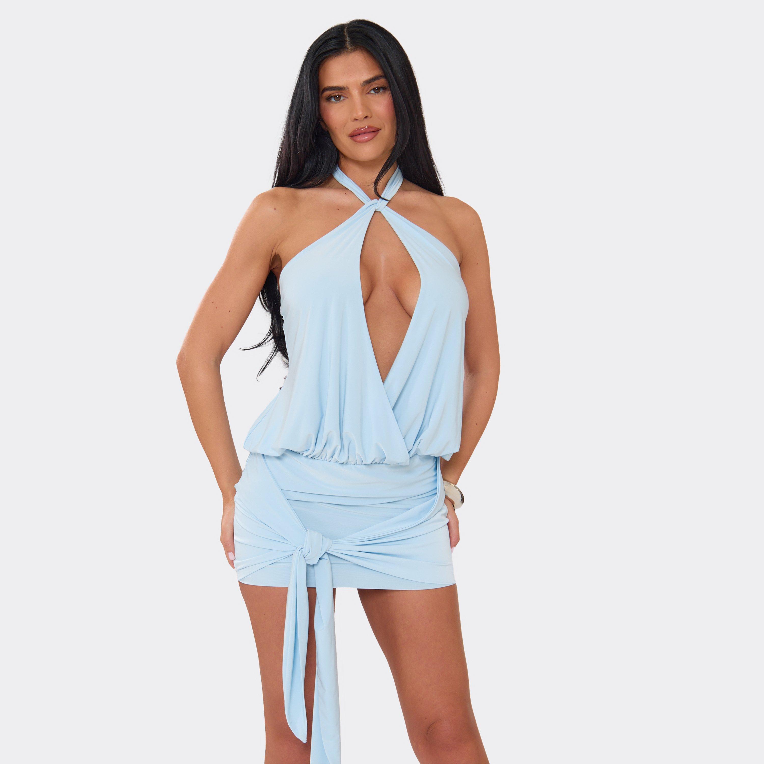 Halterneck Key Hole Cut Out Detail Mini Dress In Baby Blue, Women's Size US 4