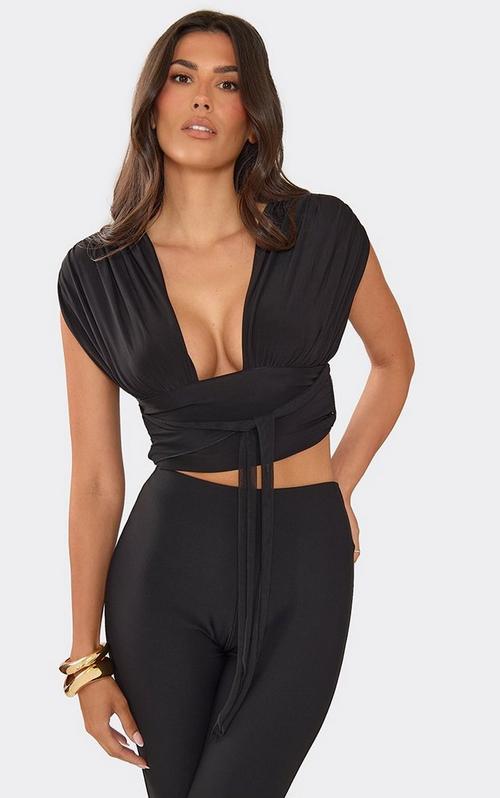 Fold Over Asymmetric One Shoulder Frill Detail Crop Top In Green