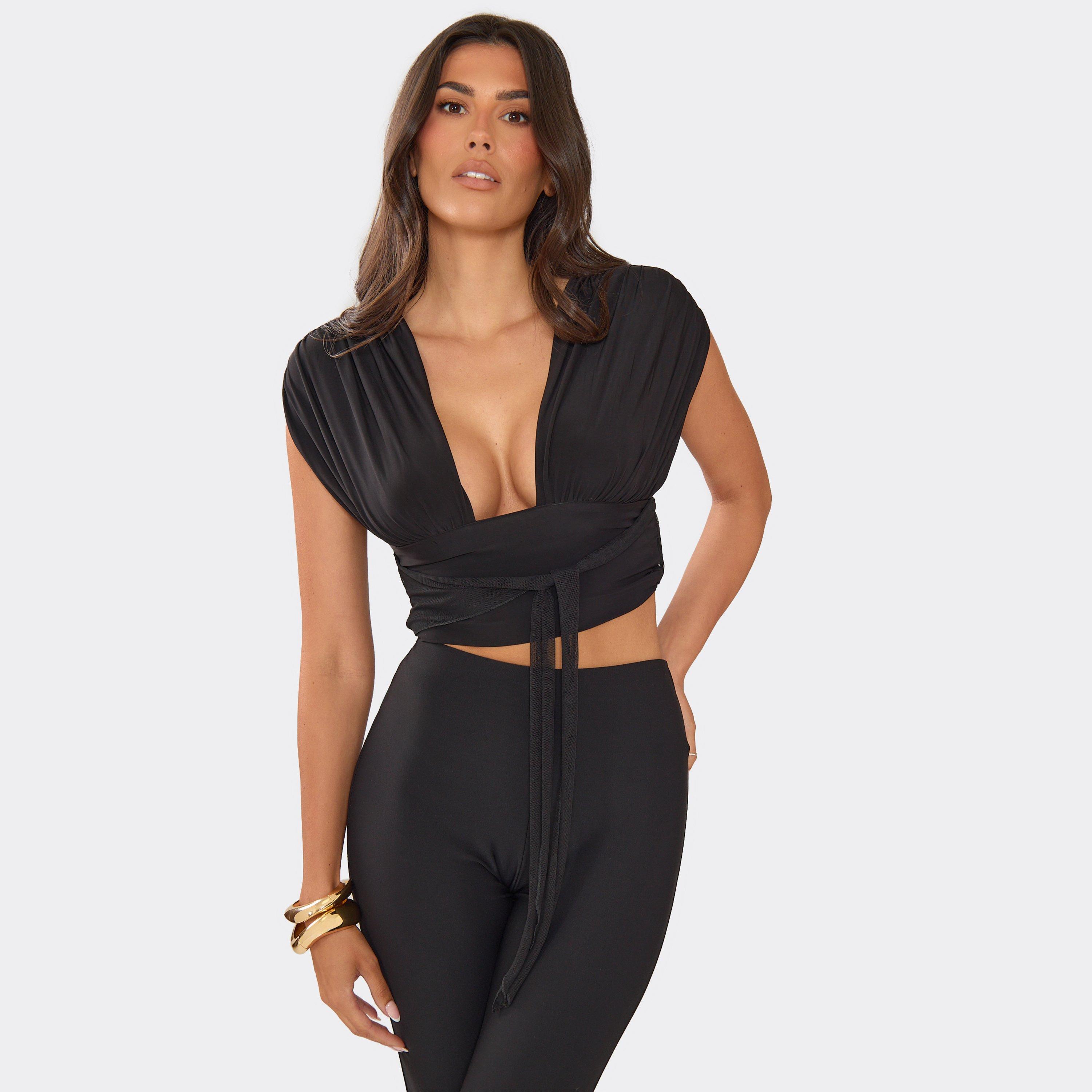 Sleeveless Plunge Front Tie Detail Crop Top In Black, Women's Size US 2
