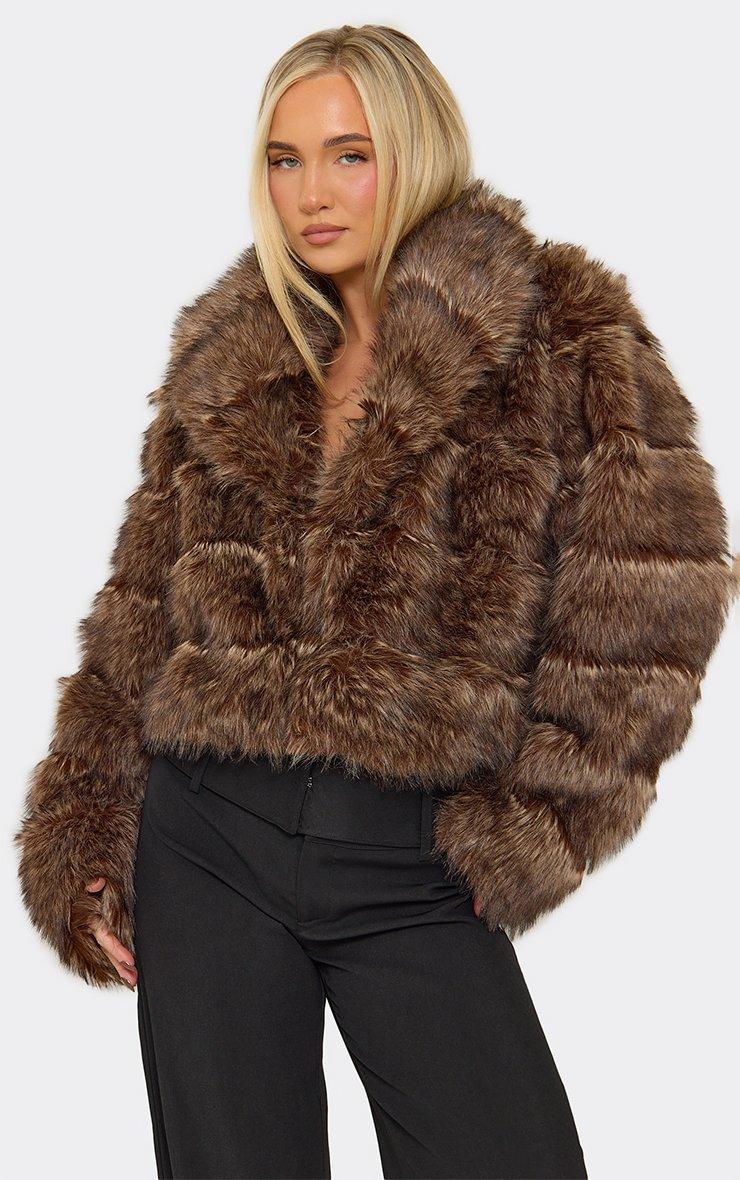 Long Sleeve Collared Fur Coat In Brown Striped Faux Fur
