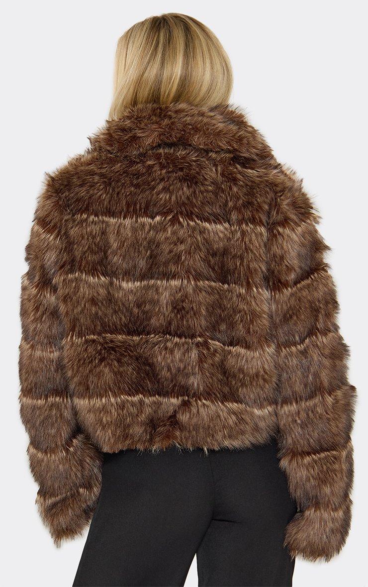 Long Sleeve Collared Fur Coat In Brown Striped Faux Fur