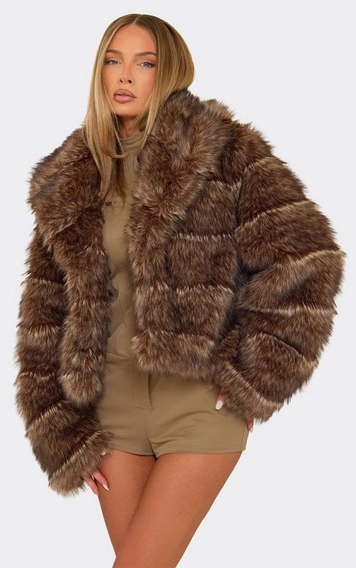 ジャケット・アウター eaphi big collar middle coat brown Oversized Collar Detail Jacket In Chocolate Brown Faux Fur | EGO