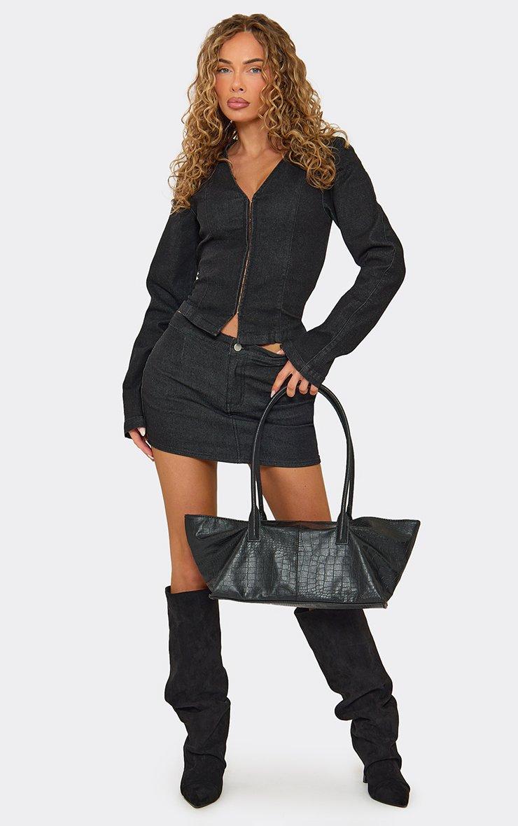 Low Rise Fitted Mini Skirt In Black Denim