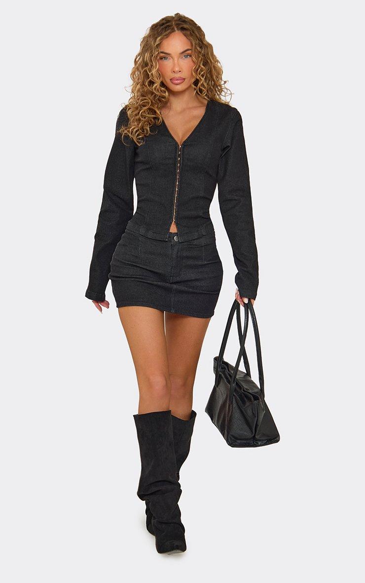 Long Sleeve Hook And Eye Front Fitted Top In Black Denim
