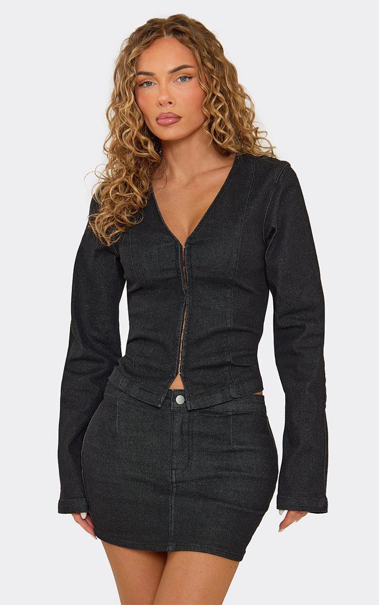 Long Sleeve Hook And Eye Front Fitted Top In Black Denim