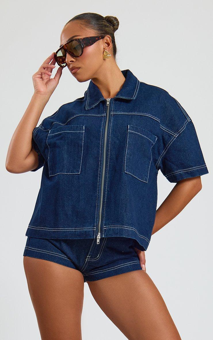 Mid Rise Mini Shorts In Indigo Blue Denim.