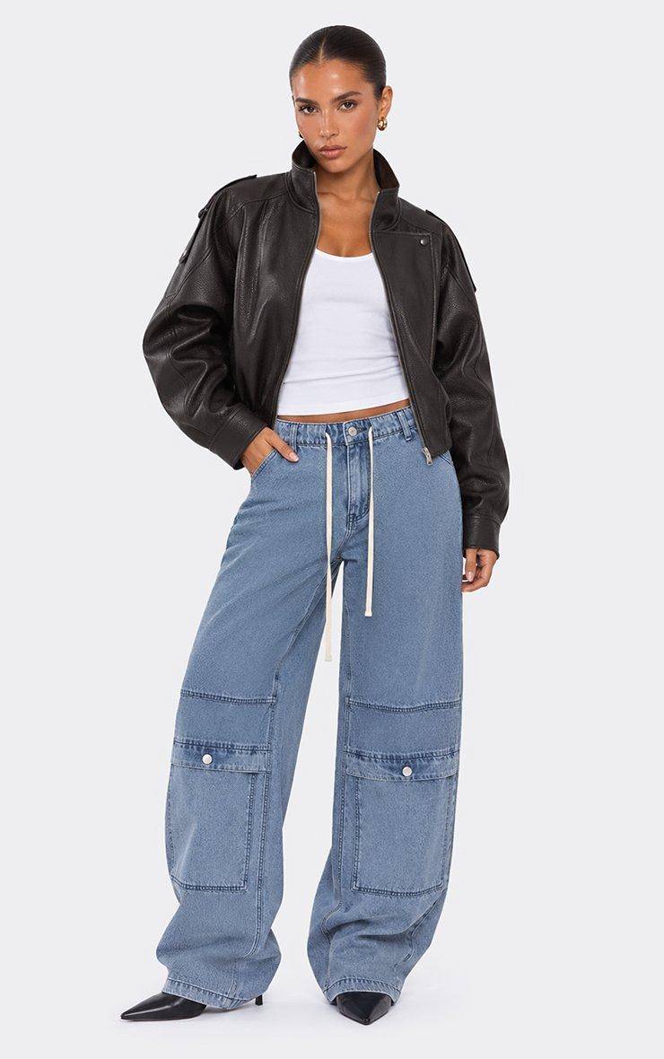Drawstring Waist Pocket Detail Wide Leg Cargo Trousers In Blue Denim.