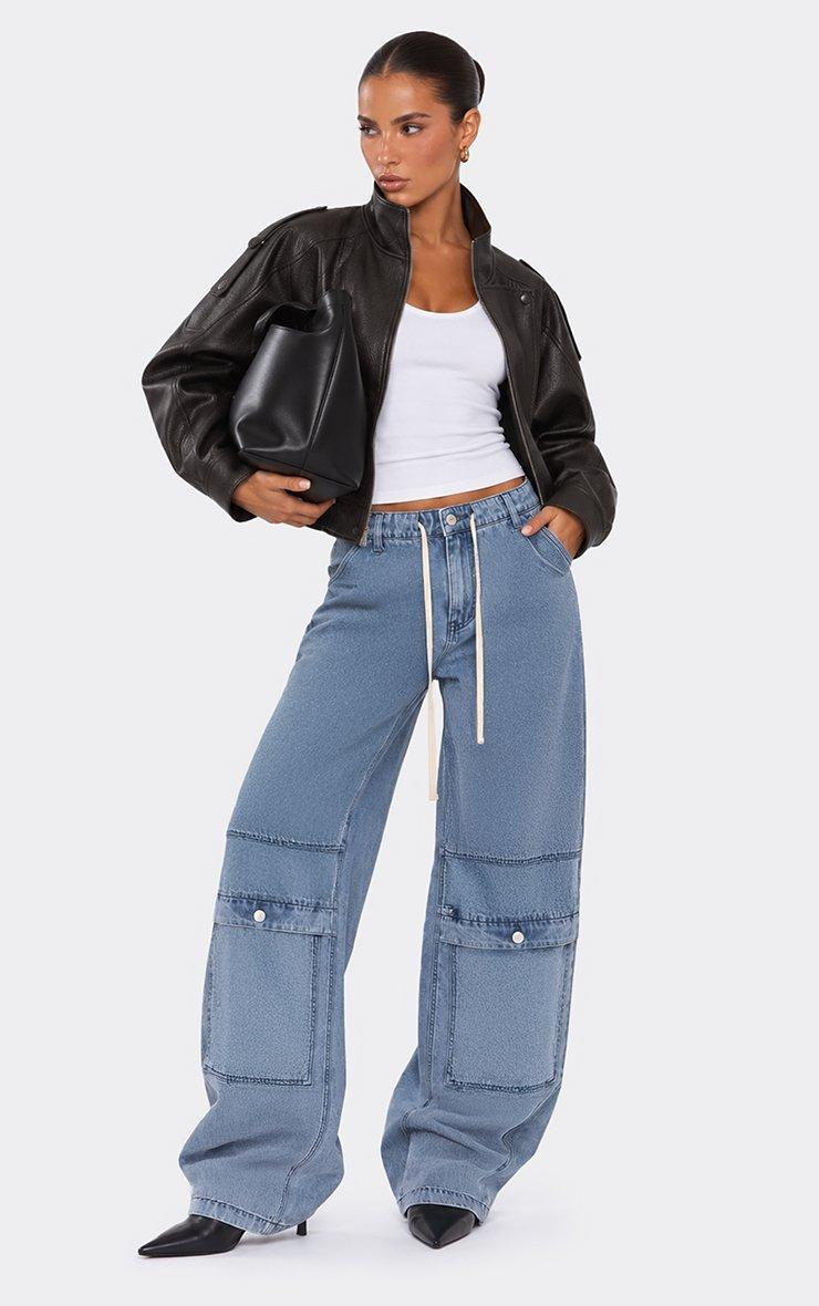 Drawstring Waist Pocket Detail Wide Leg Cargo Trousers In Blue Denim.