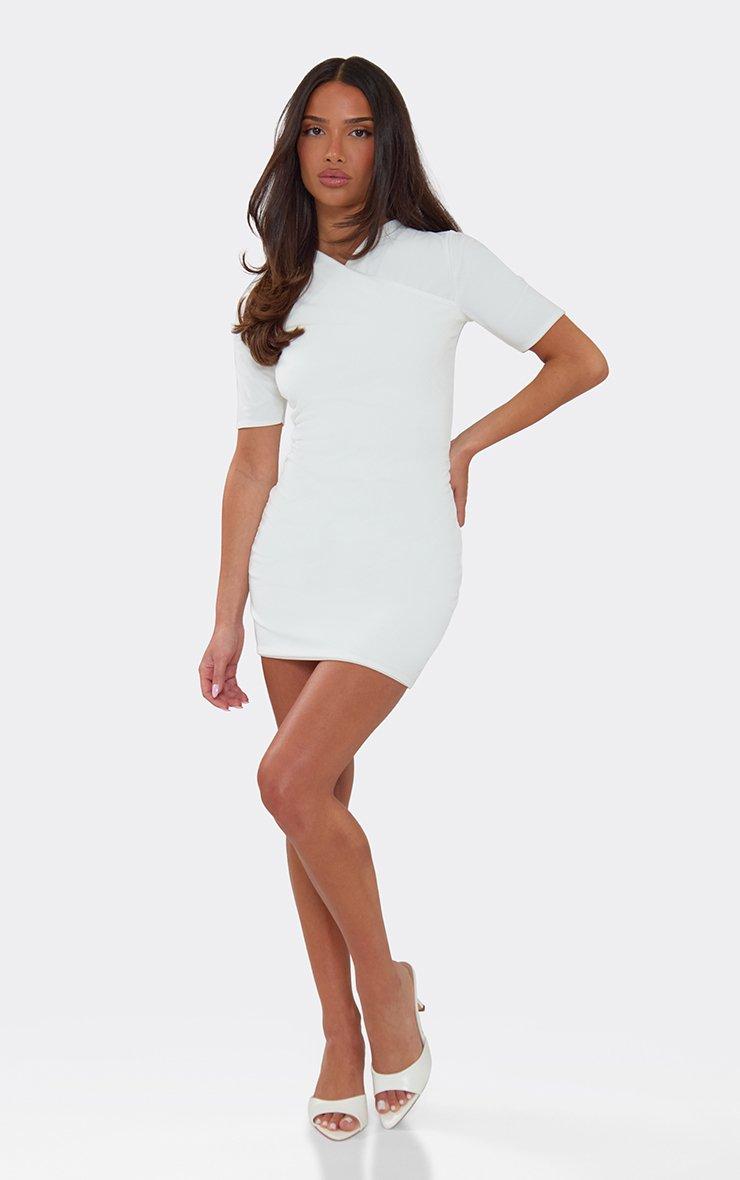 white mini dress short sleeve Karyna Gathers around the neck with a collar stand Savanna Mini Dress - High