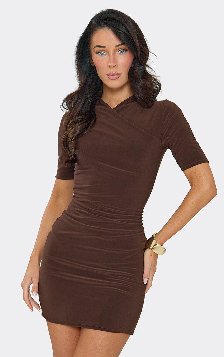 brown dress short Open-Back A-Line Satin Homecoming Bronze Brown / 6 and allover ruching Short Sleeve Wrap Front Mini
