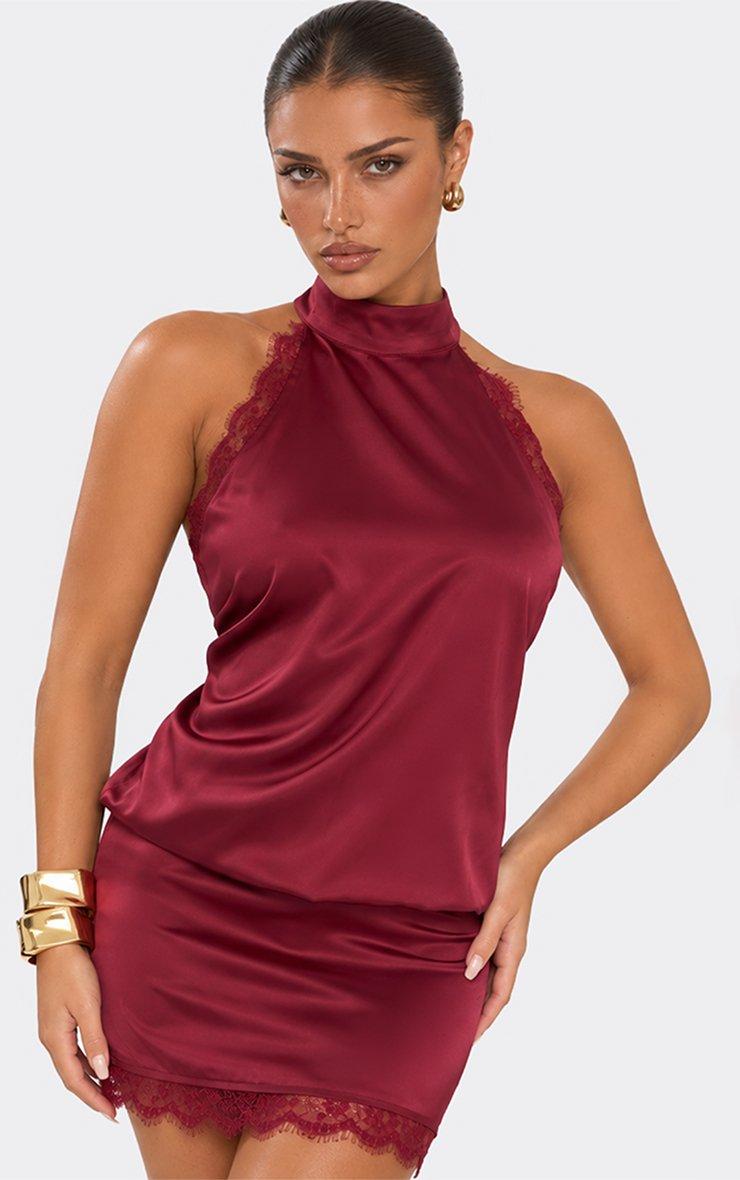 High Neck Lace Trim Mini Blouson Dress In Burgundy Satin.