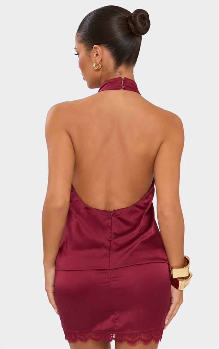 High Neck Lace Trim Mini Blouson Dress In Burgundy Satin.