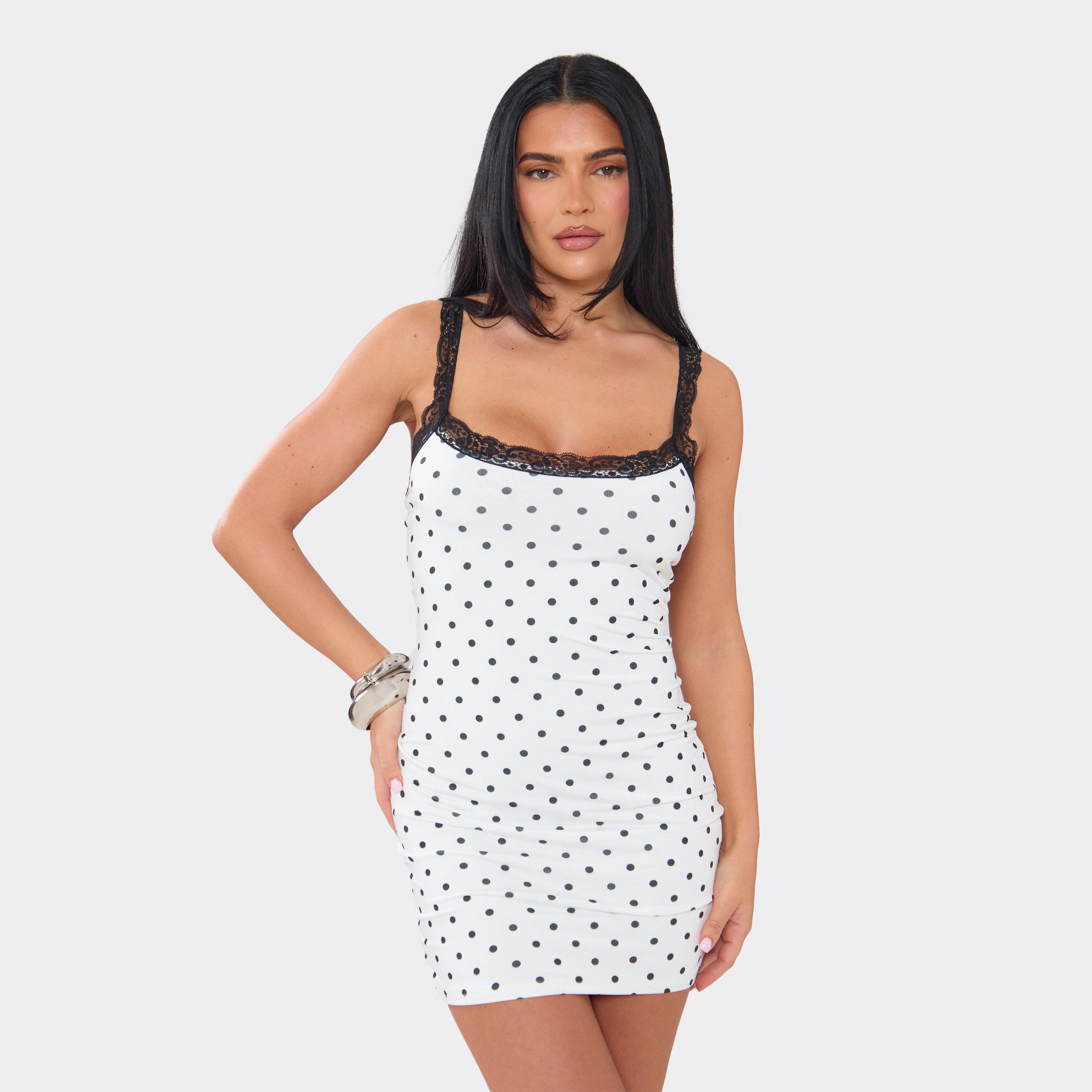 Square Neck Lace Trim Mini Dress In White Polka Dot, Women's Size UK 6
