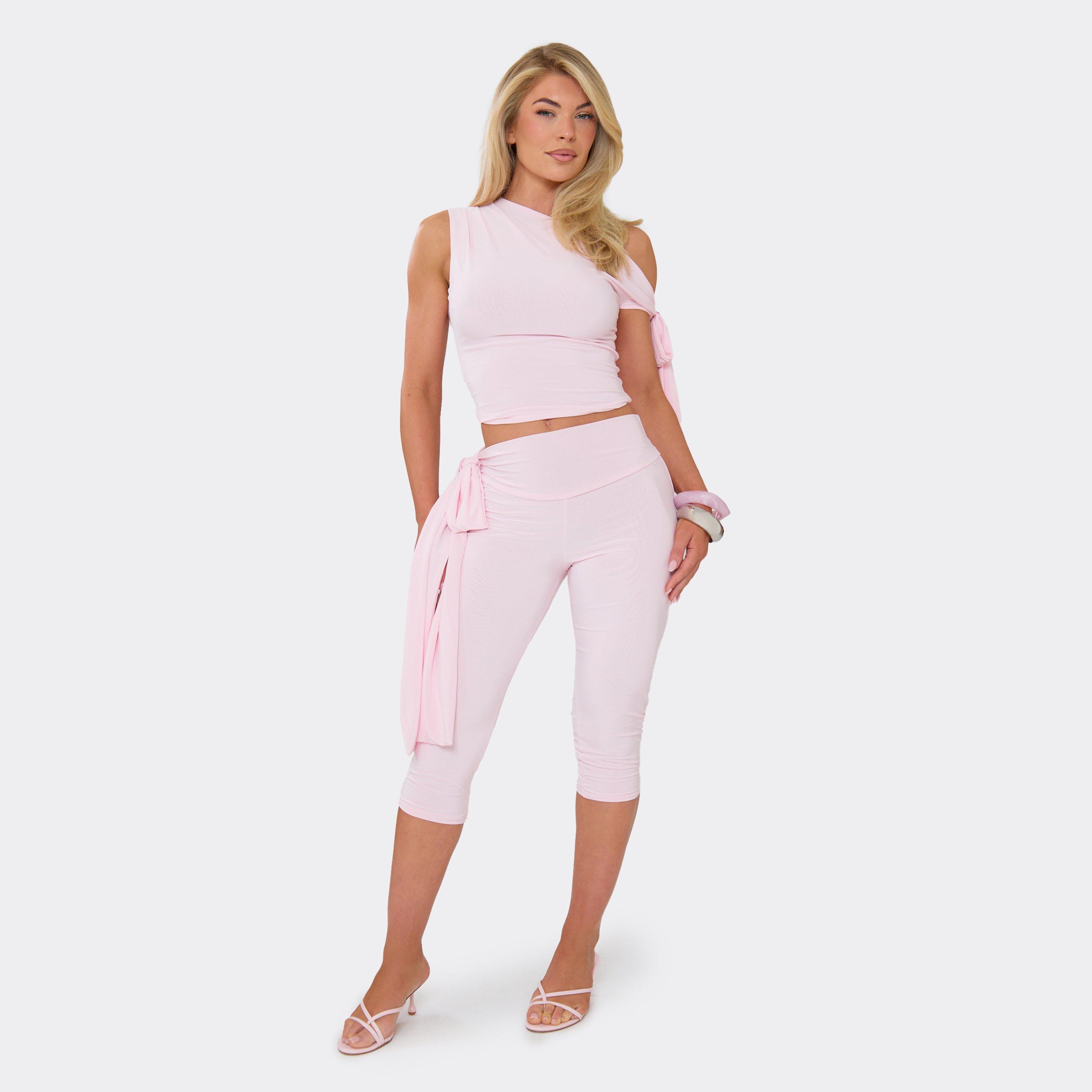 Off The Shoulder Tie Drape Detail Top And Capri Leggings Co-Ord Set In Pink, Women's Size UK 8