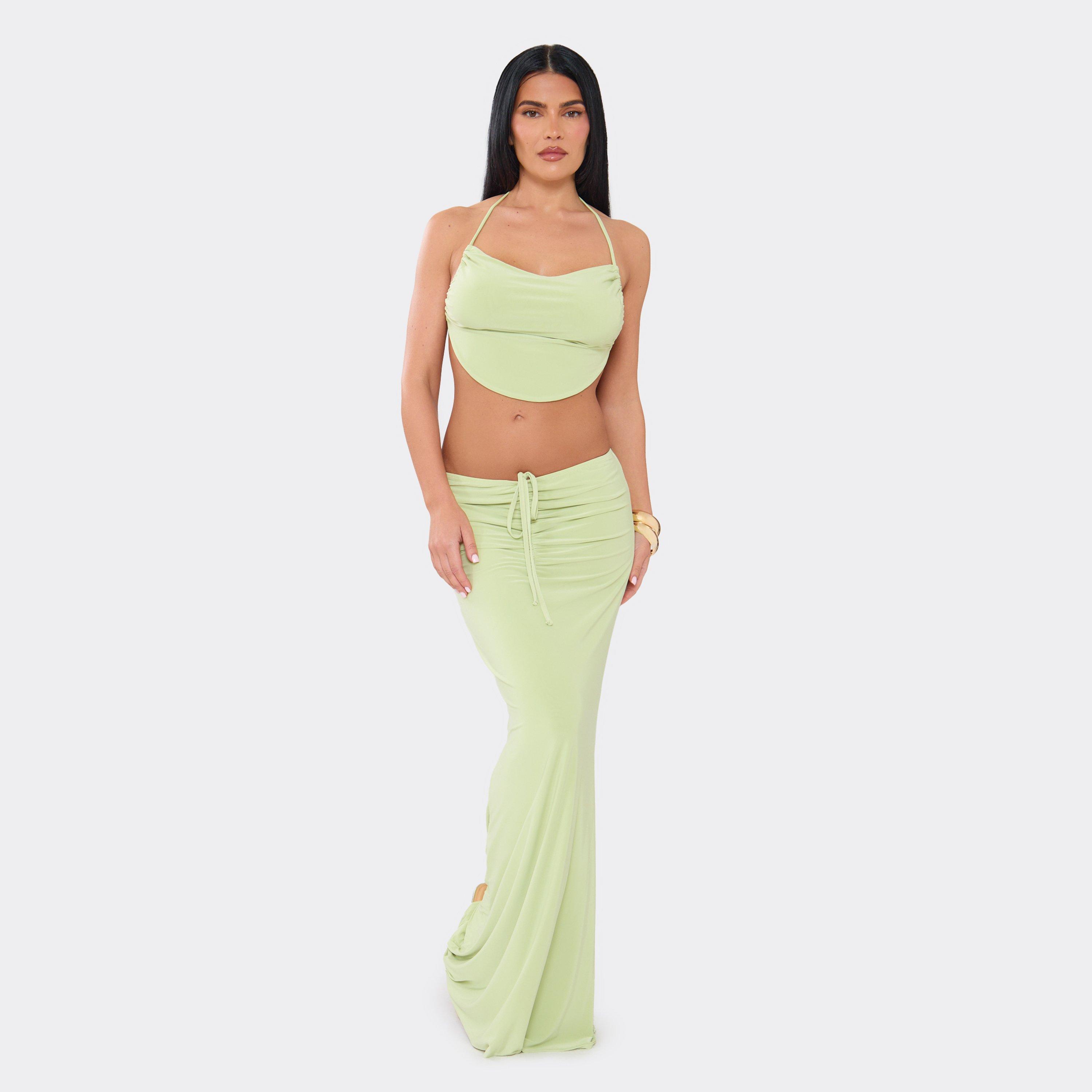 Low Waist Ruched Maxi Skirt In Green, Women's Size UK 6