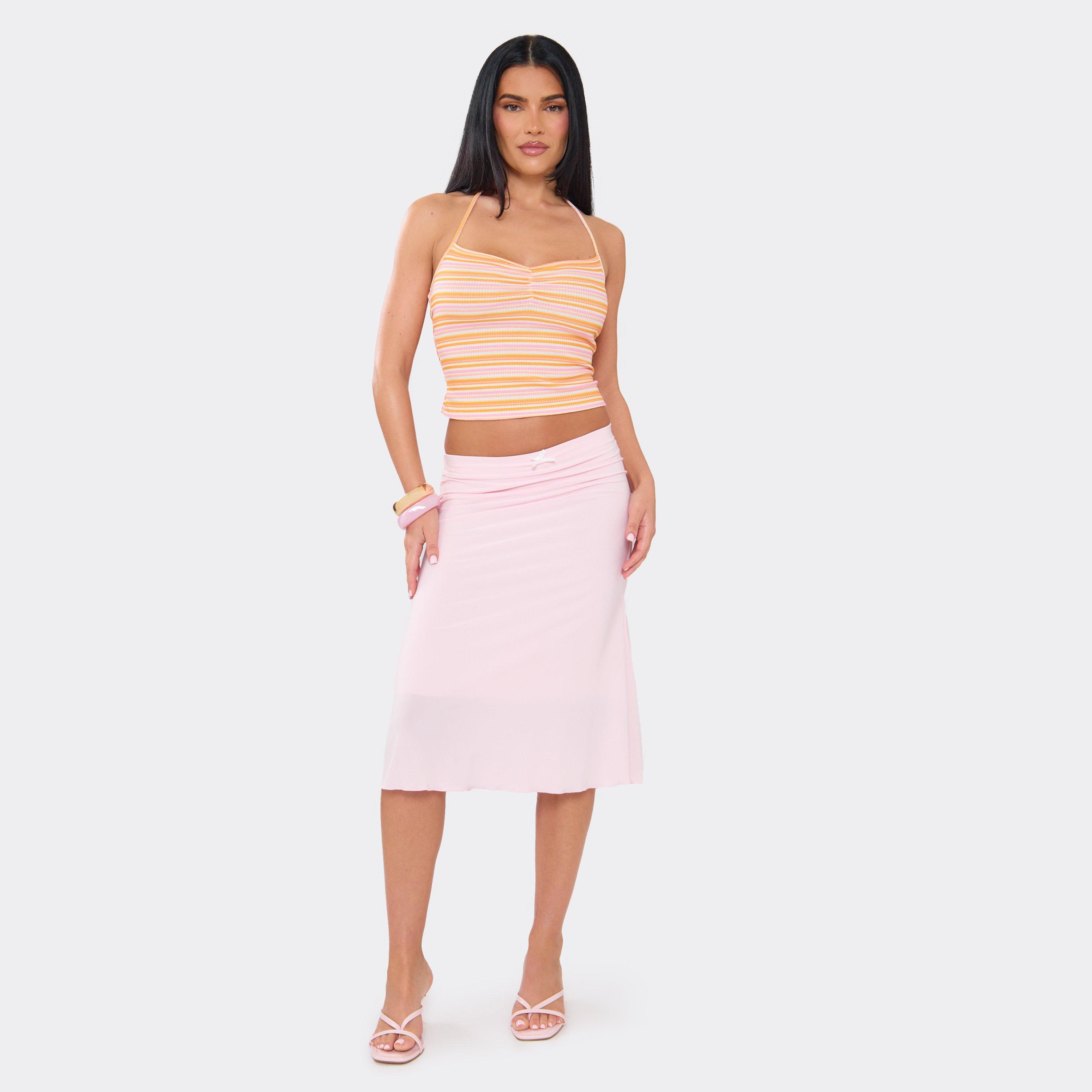 Low Rise Bow Detail Midi Skirt In Baby Pink, Women's Size UK 6