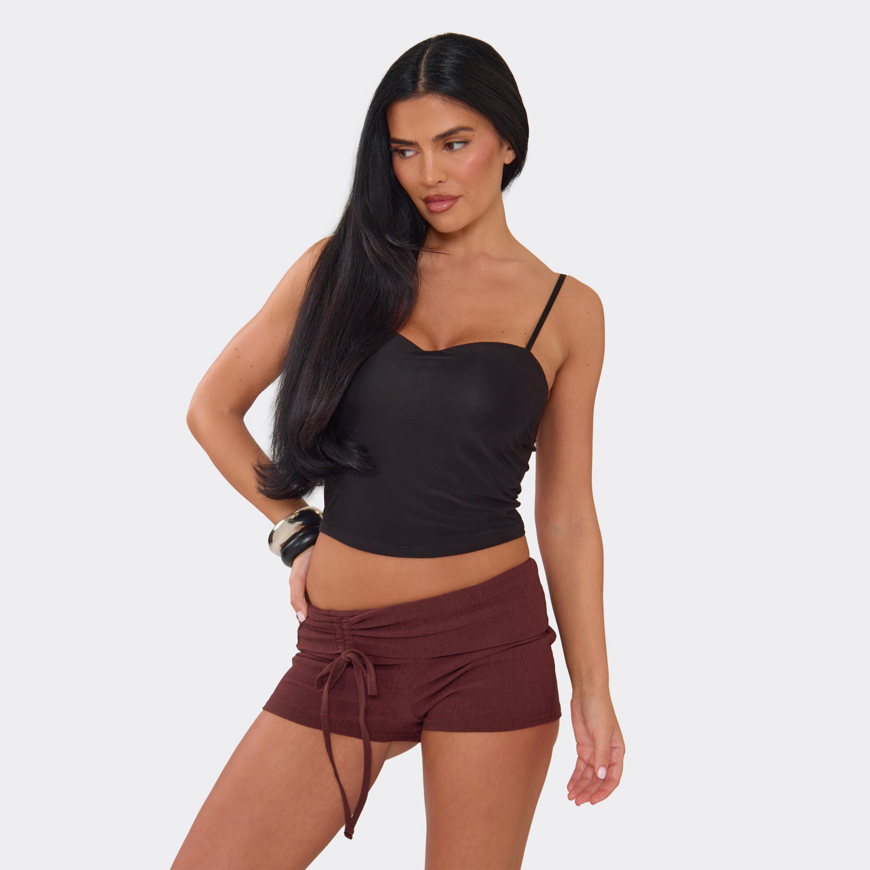 Low Rise Fold Over Waistband Ruched Mini Shorts In Chocolate Brown Textured, Women's Size UK 12