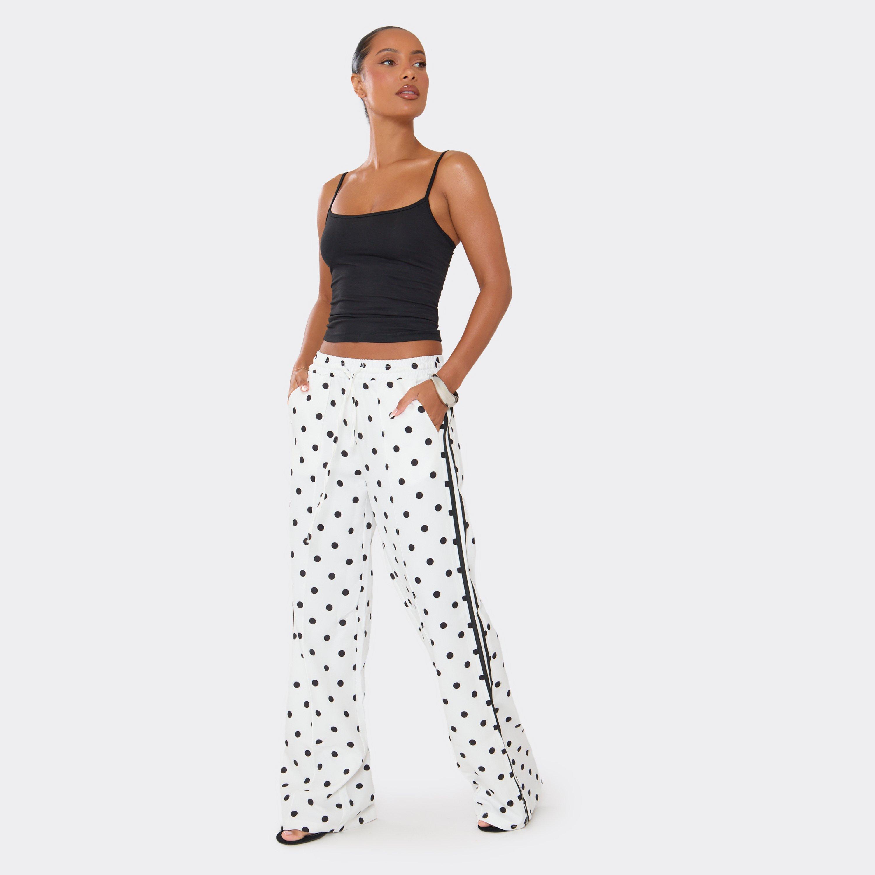 Drawstring Waist Side Stripe Trousers In White Polka Dot, Women's Size UK L