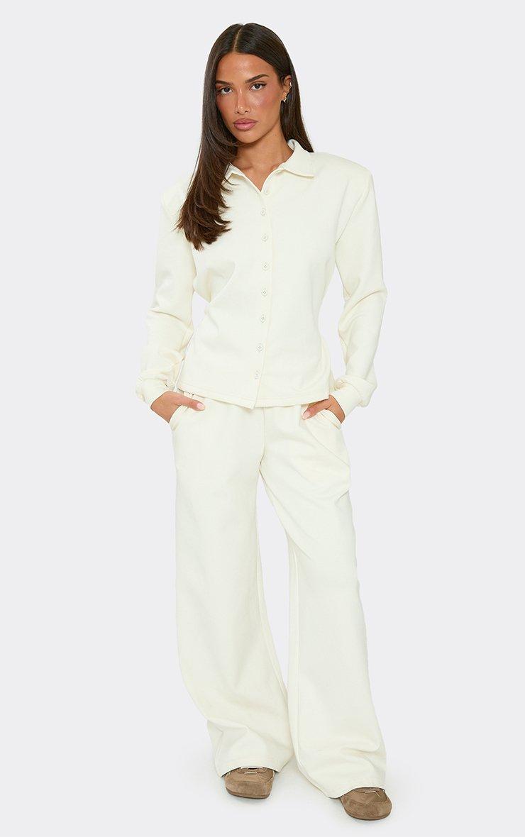 Long Sleeve Button Up Shoulder Pad Collared Shirt In Cream Interlock