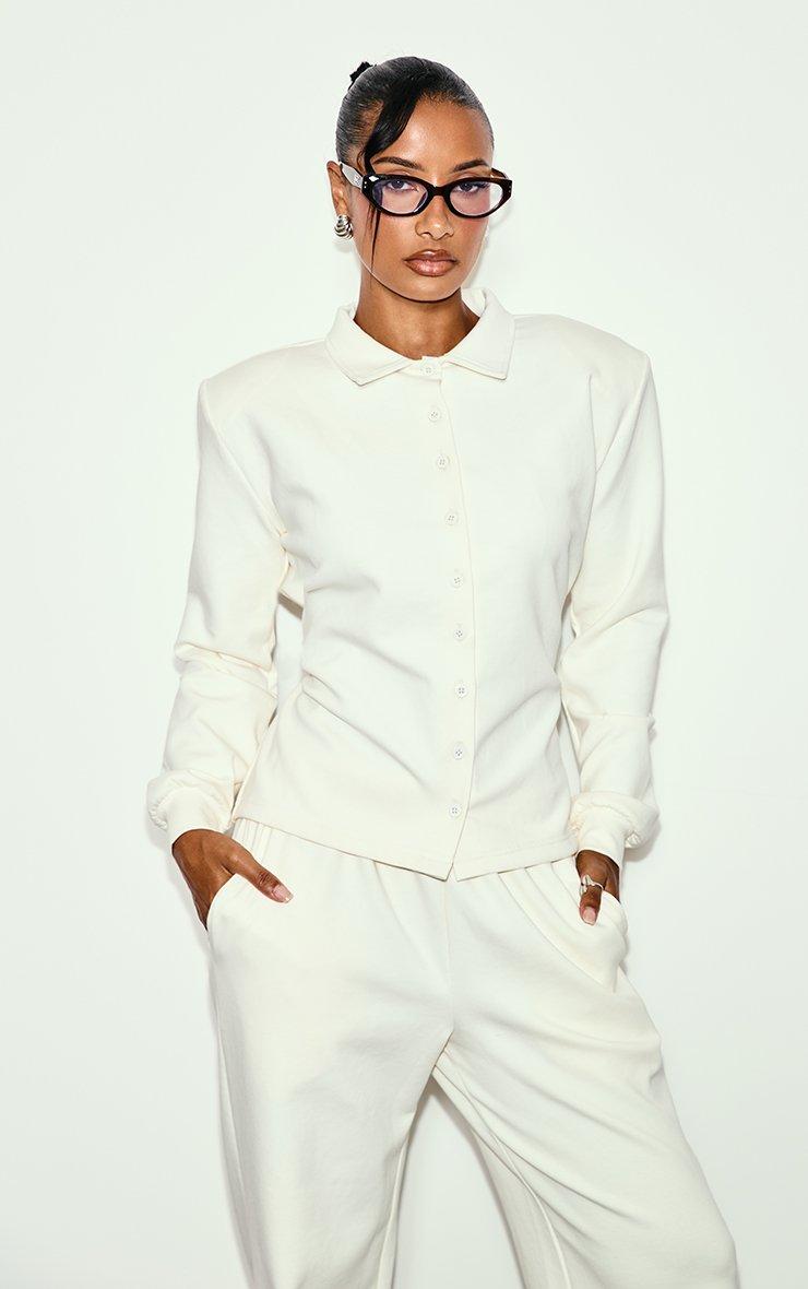 Long Sleeve Button Up Shoulder Pad Collared Shirt In Cream Interlock