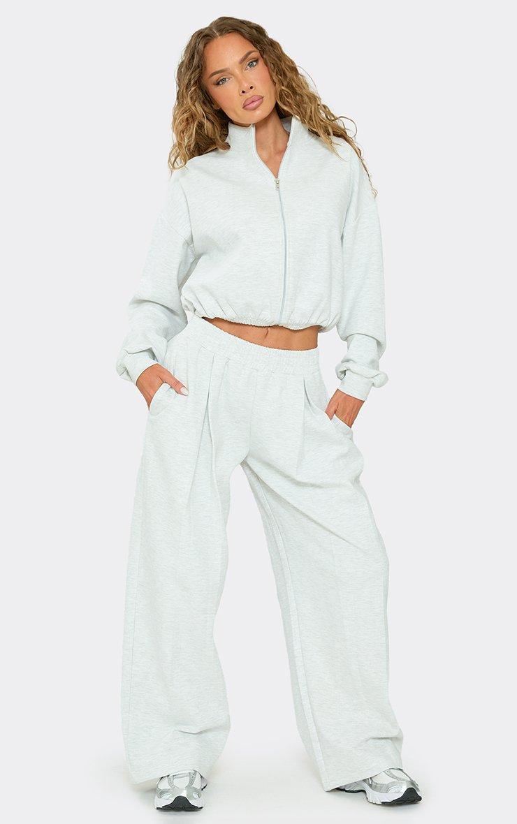 Mid Rise Ribbed Waistband Wide Leg Joggers In Light Grey Marl Interlock