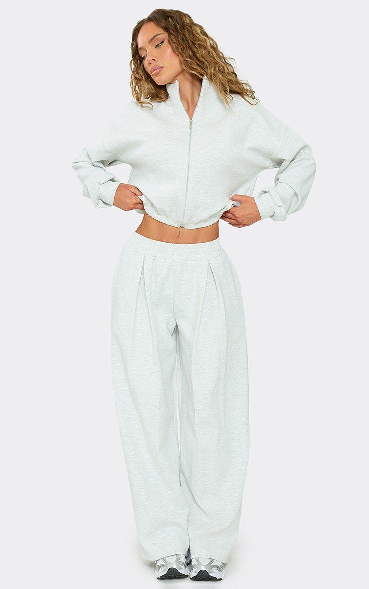 Long Sleeve High Neck Zip Up Front Sweatshirt In Light Grey Marl Interlock