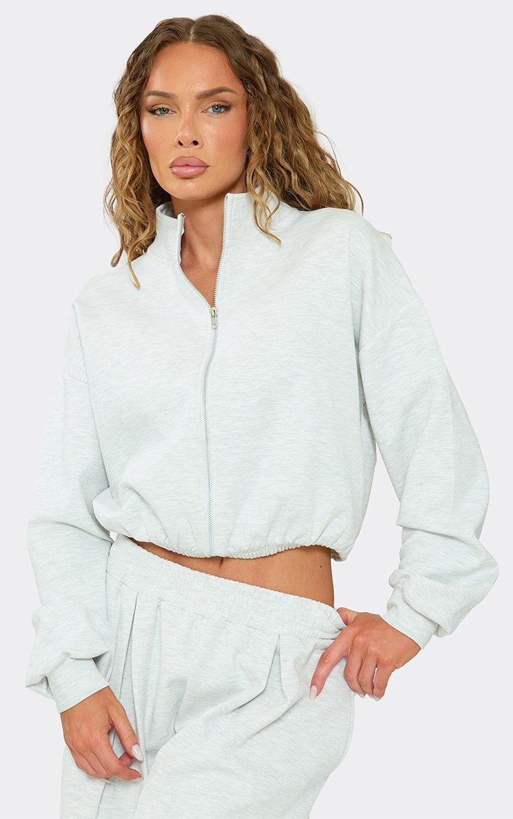Long Sleeve High Neck Zip Up Front Sweatshirt In Light Grey Marl Interlock
