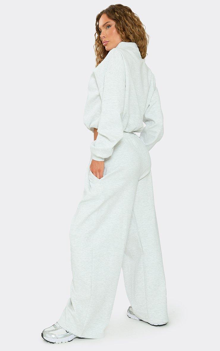 Mid Rise Ribbed Waistband Wide Leg Joggers In Light Grey Marl Interlock