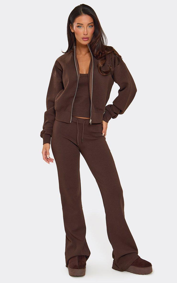 Long Sleeve High Neck Zip Up Front Sweatshirt In Chocolate Brown Interlock