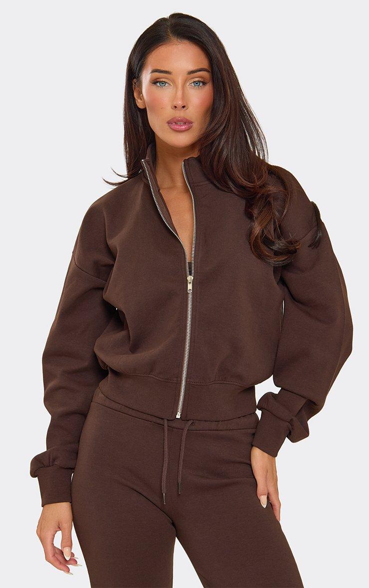 Long Sleeve High Neck Zip Up Front Sweatshirt In Chocolate Brown Interlock