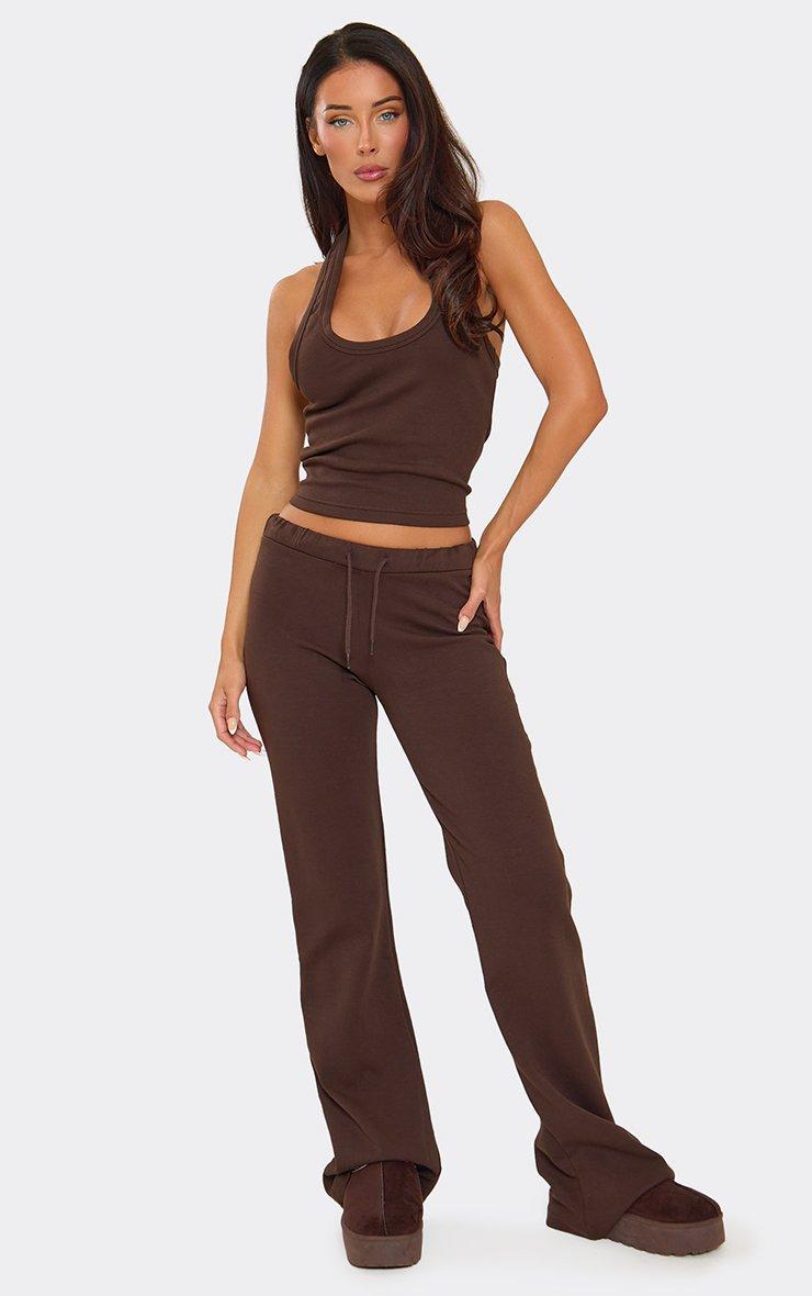 Low Waist Flared Leg Joggers In Chocolate Brown Interlock