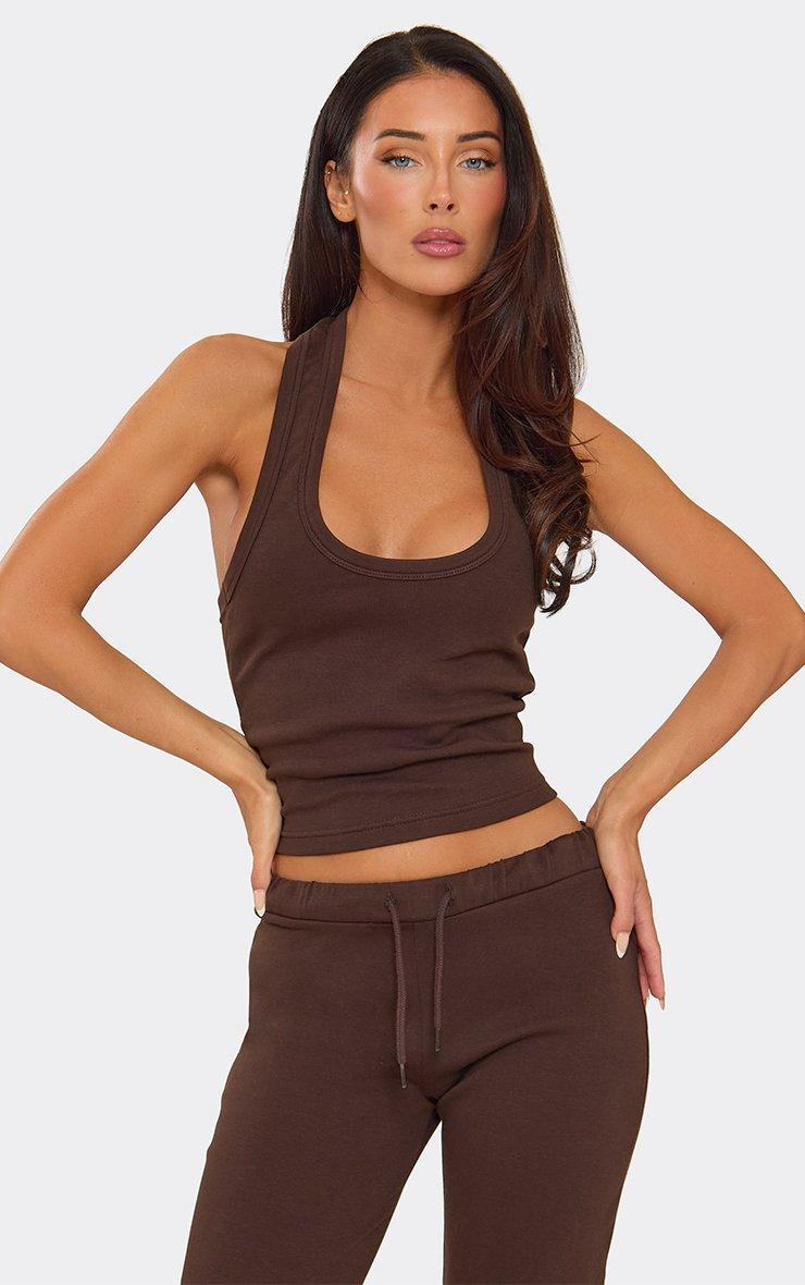 Halterneck Scoop Neck Cami Top In Chocolate Brown Interlock