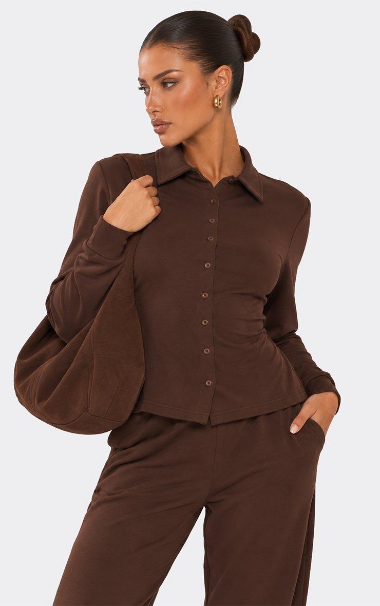 Short Sleeve Button Up Front Tie Back Top In Chocolate Brown Interlock
