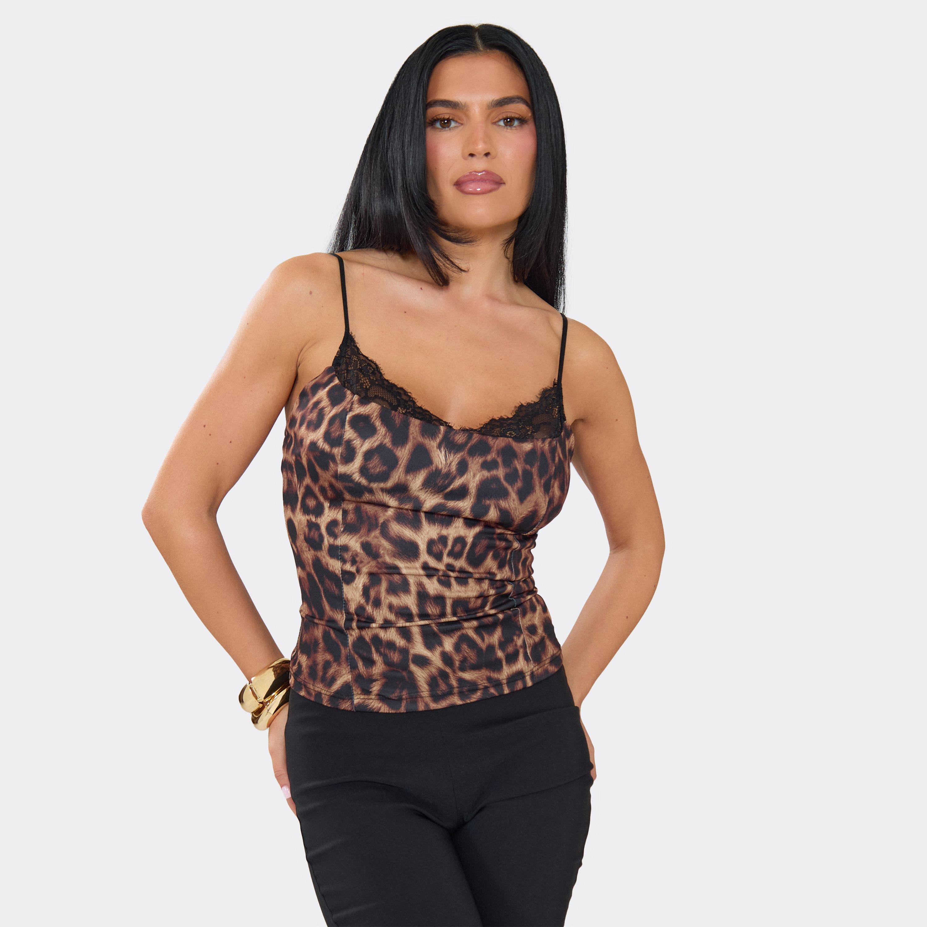 Strappy Lace Trim Corset Top In Leopard Print, Women's Size UK S