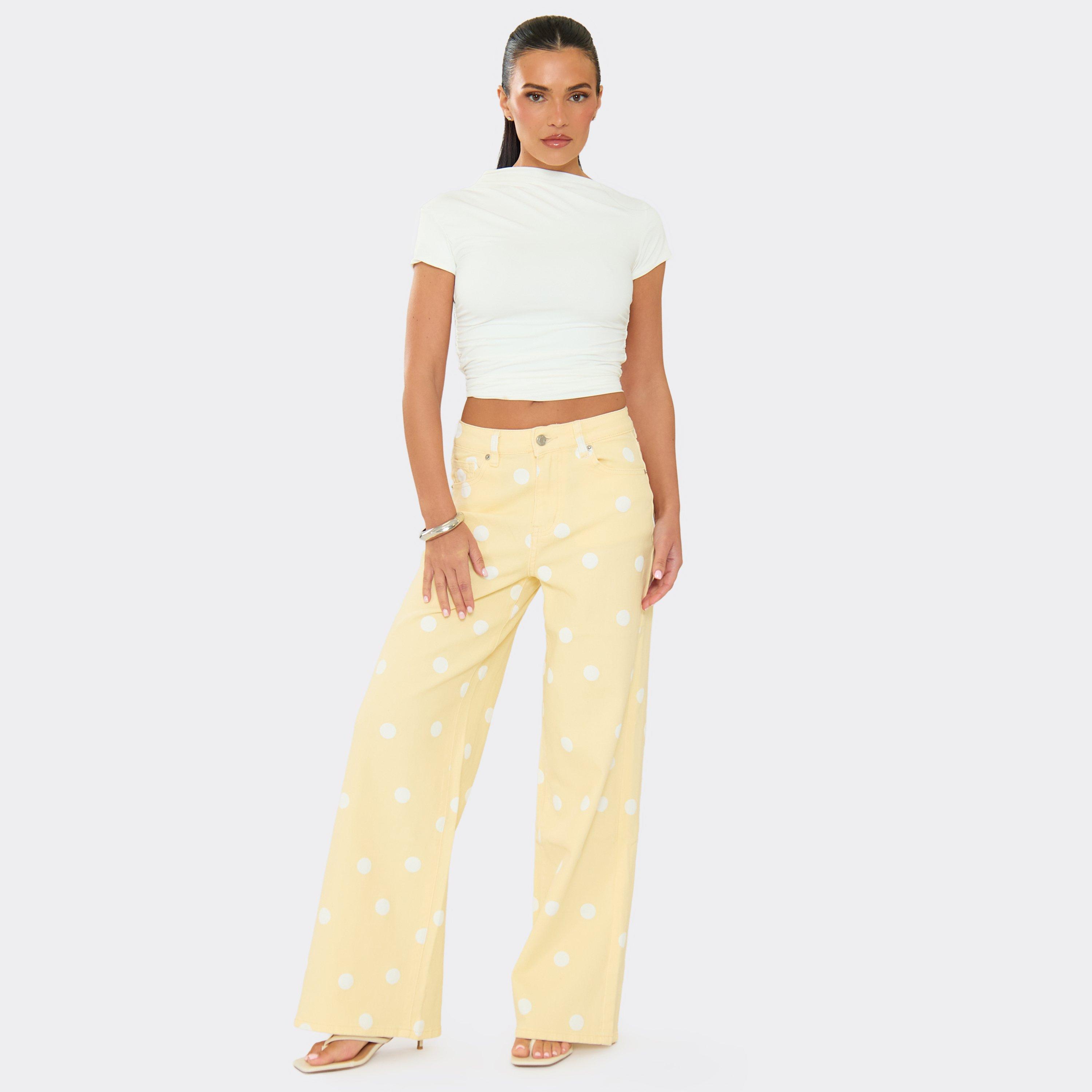 Mid Rise Wide Leg Jeans In Lemon Polka Dot Denim, Women's Size US L