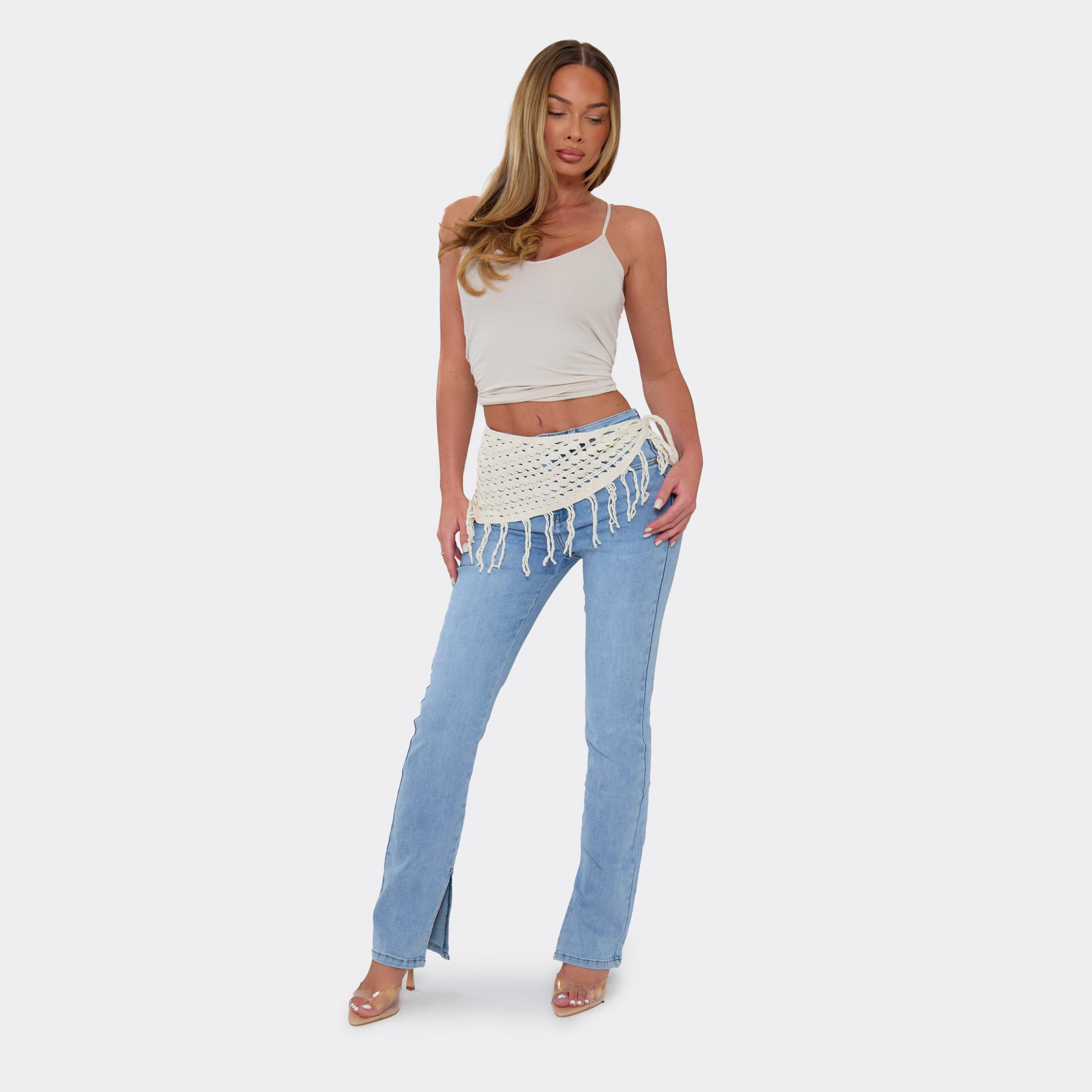 Mid Rise Crochet Wrap Detail Split Hem Jeans In Light Blue Denim, Women's Size UK XS