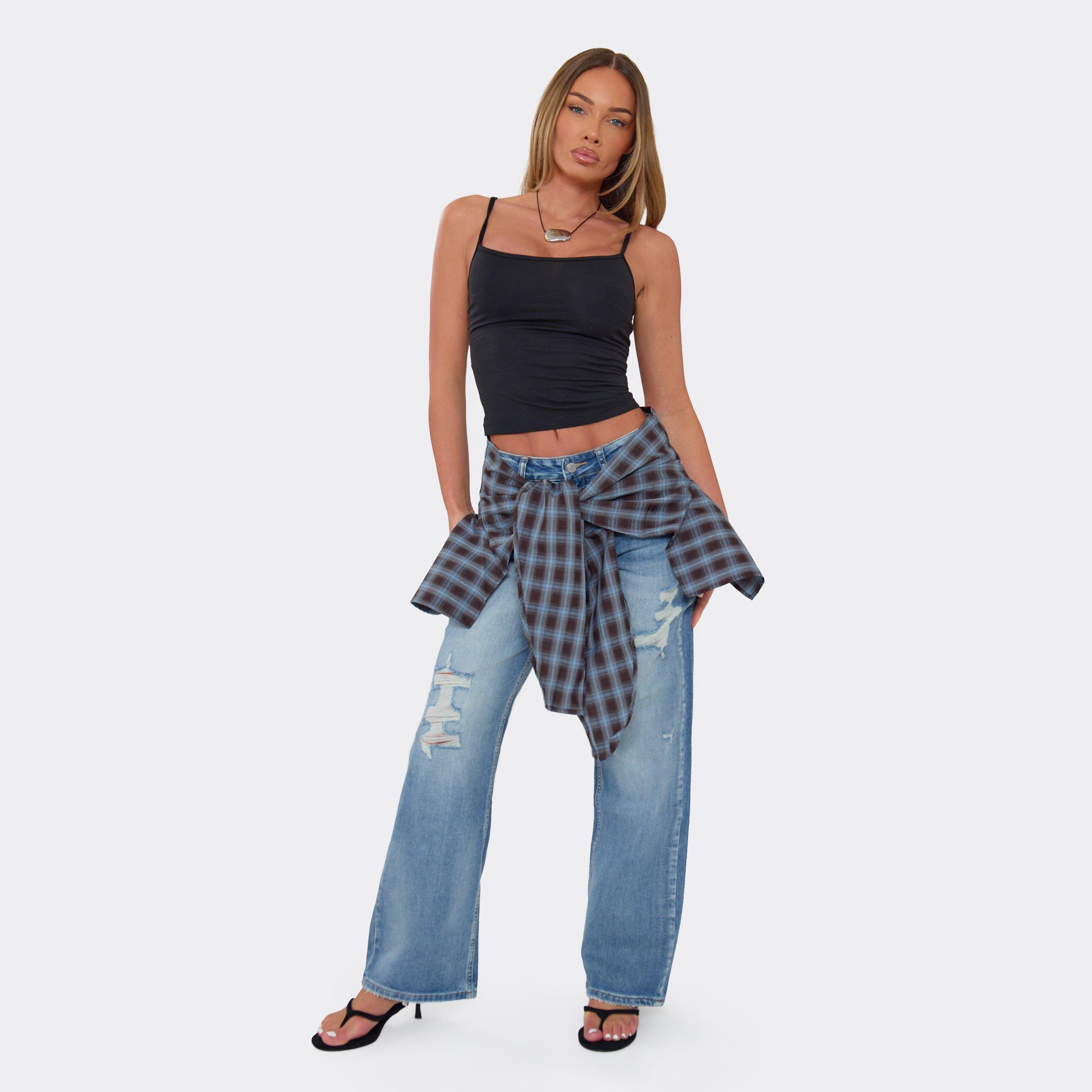 Mid Rise Flannel Wrap Detail Distressed Ripped Jeans In Blue Denim, Women's Size UK 12
