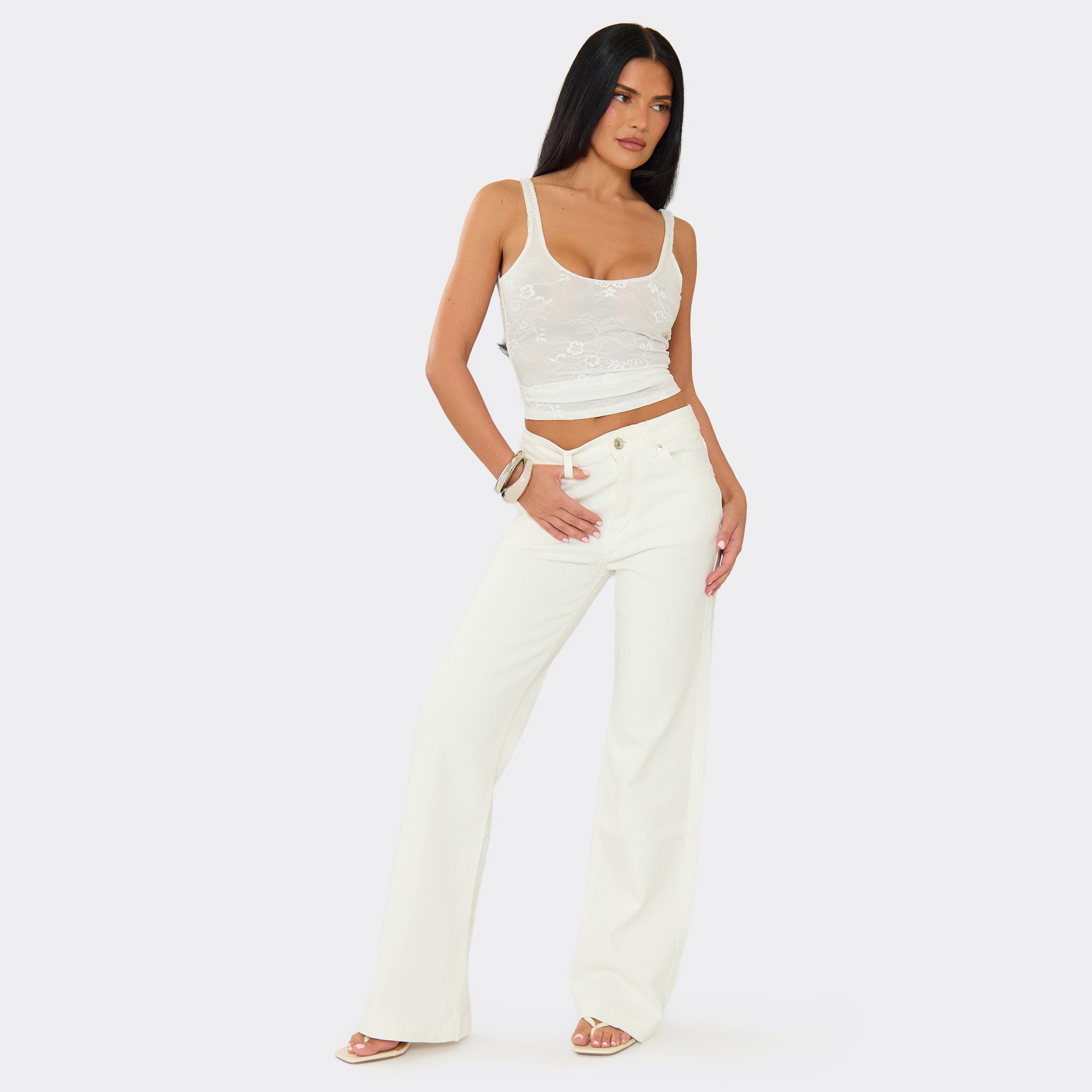 Mid Rise Straight Leg Jeans In White Denim, Women's Size UK XL