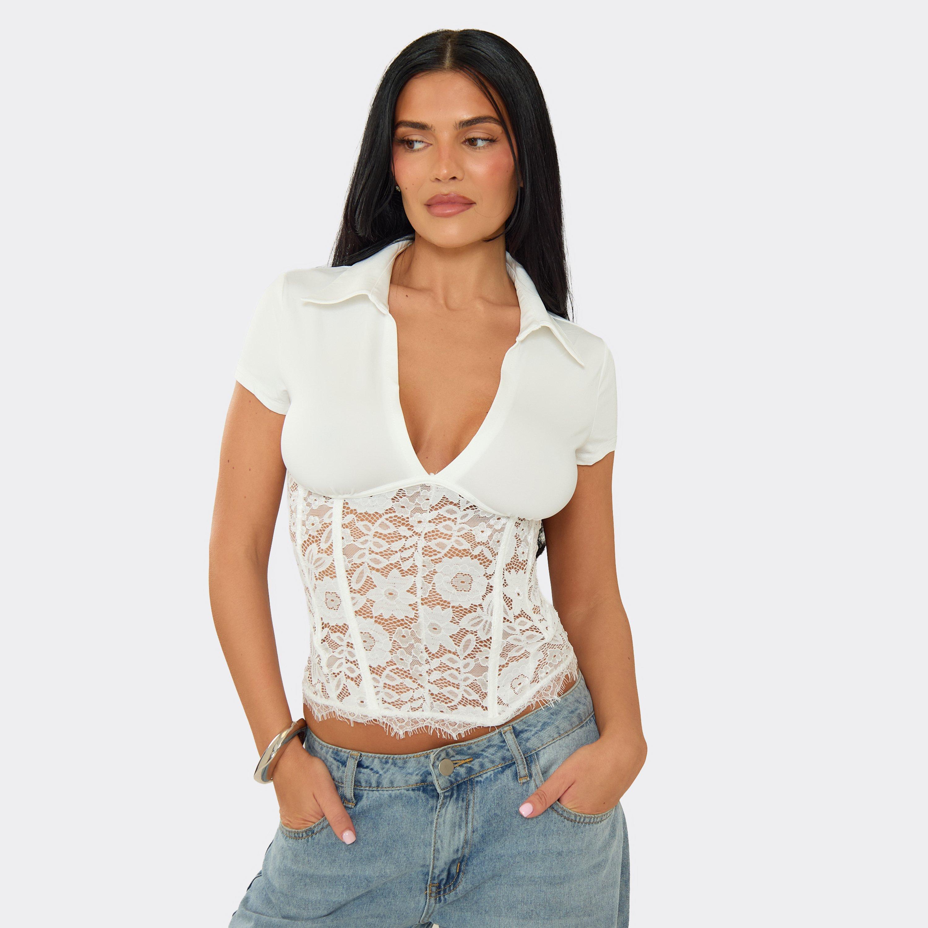 Short Sleeve Plunge Front Lace Boning Detail Top In White, Women's Size UK M/L