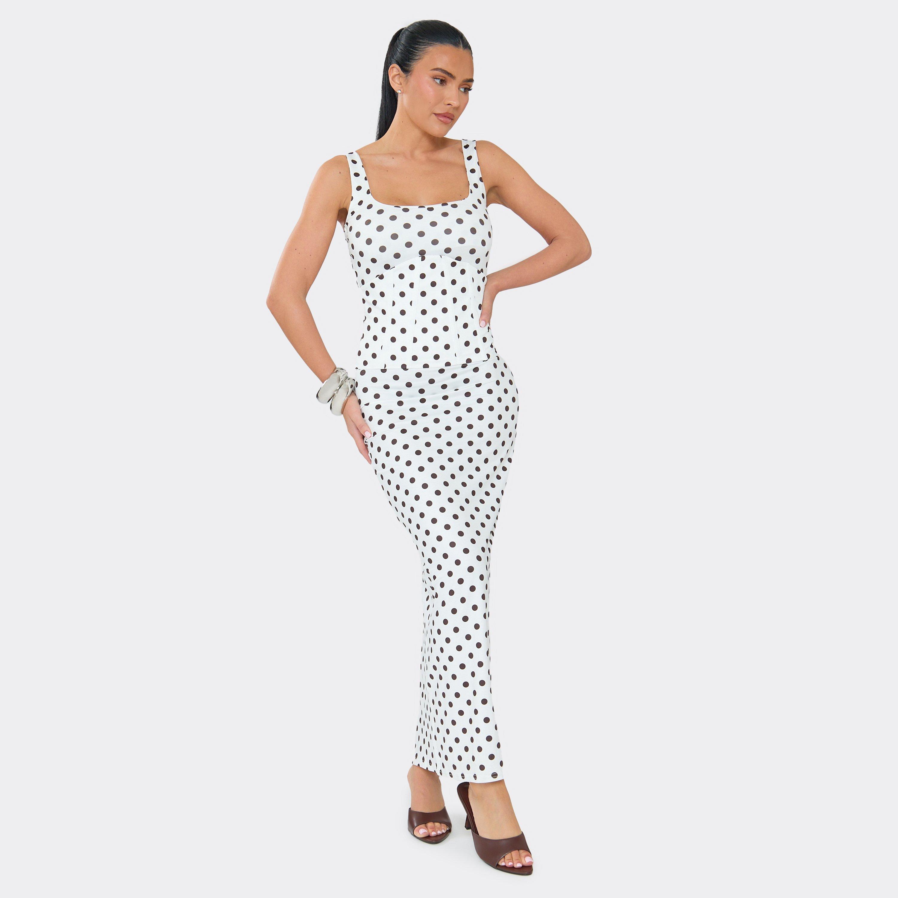 Scoop Neck Corset Detail Maxi Dress In White Polka Dot, Women's Size UK S/M