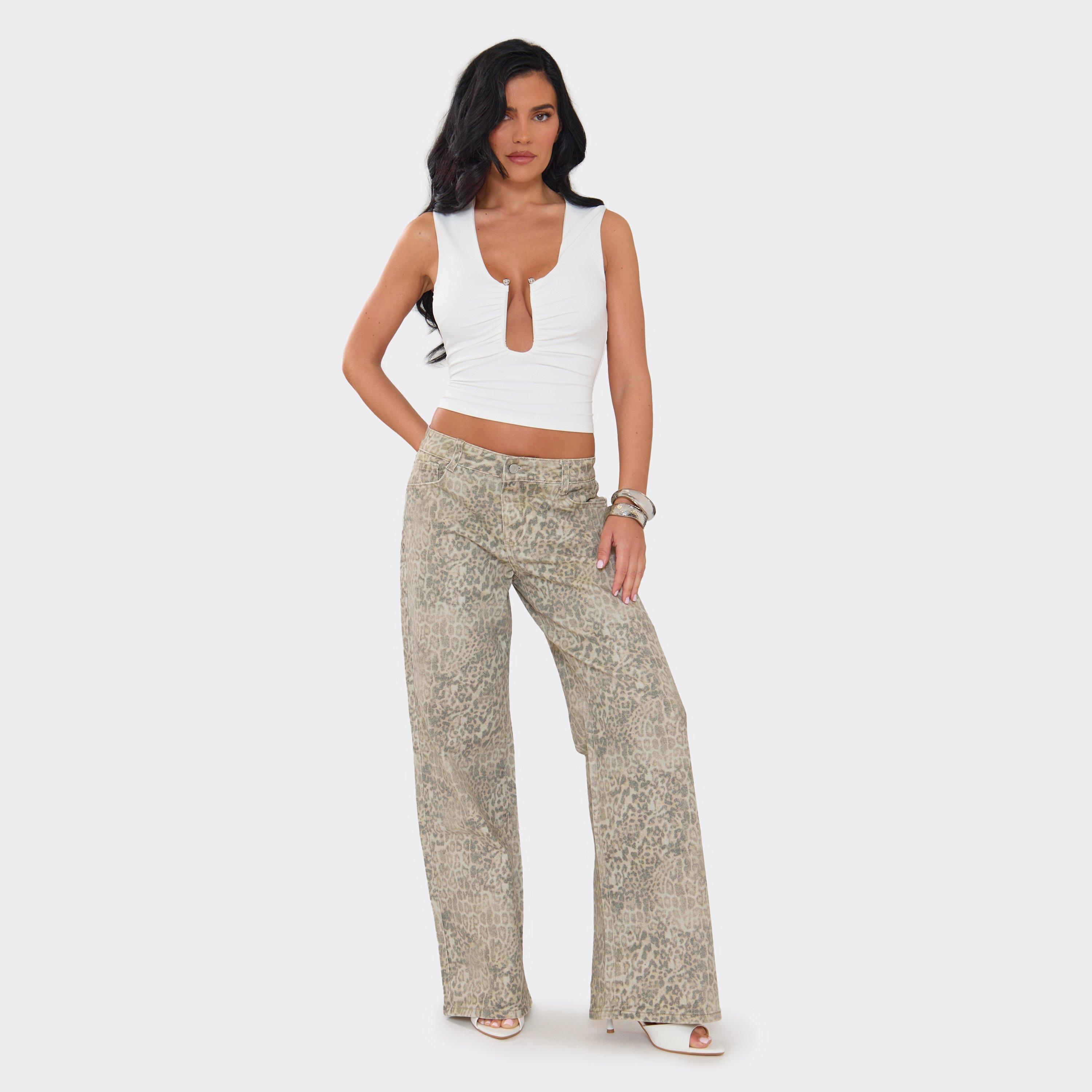 Mid Rise Wide Leg Jeans In Leopard Print Denim, Women's Size UK 10