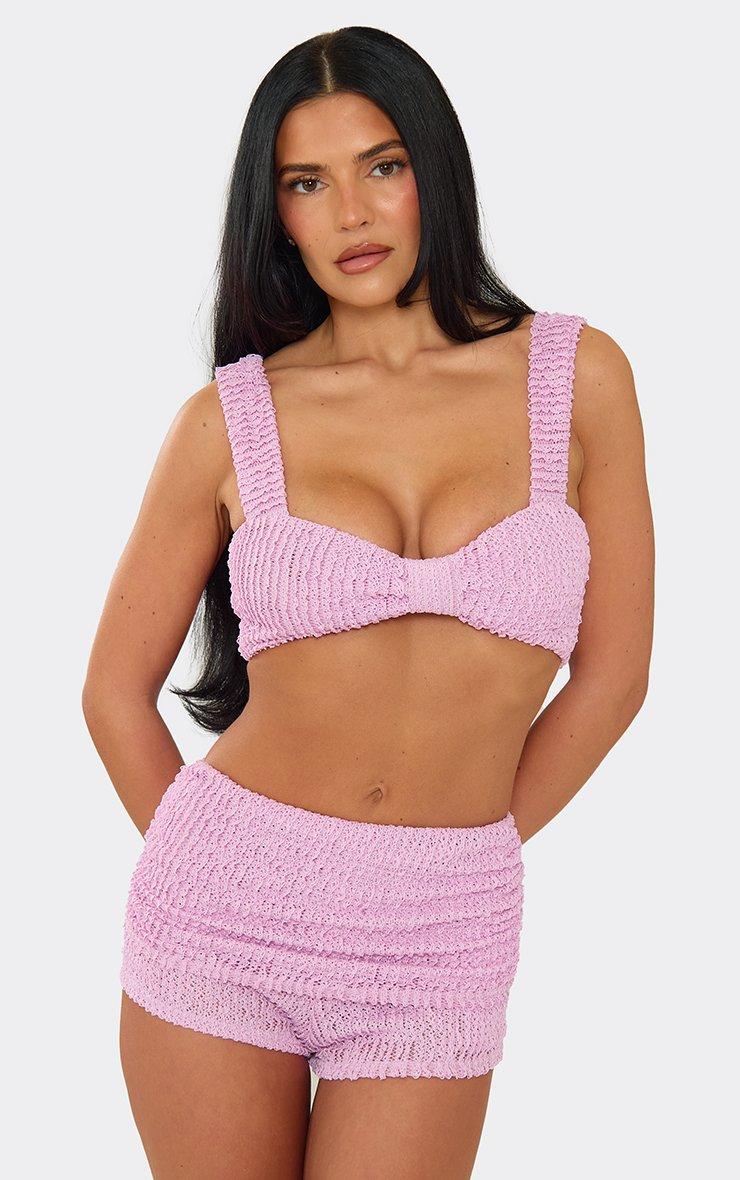 Knot Front Bralet Top And Mini Shorts Co-Ord Set In Lilac Textured