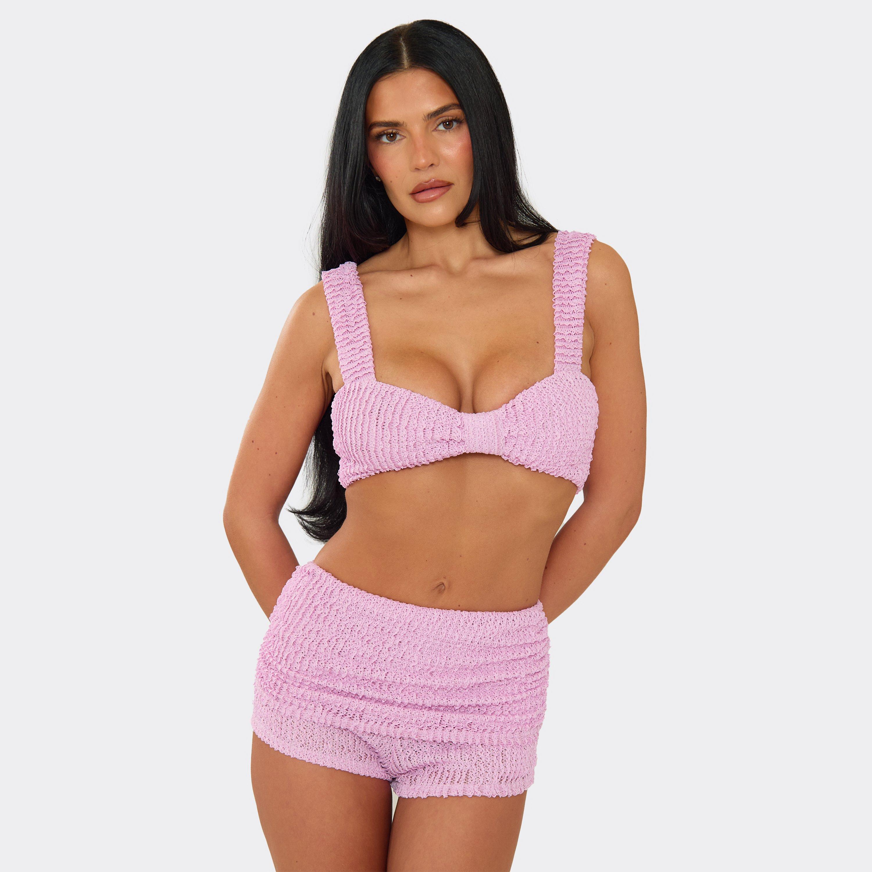 Knot Front Bralet Top And Mini Shorts Co-Ord Set In Lilac Textured, Women's Size UK 6