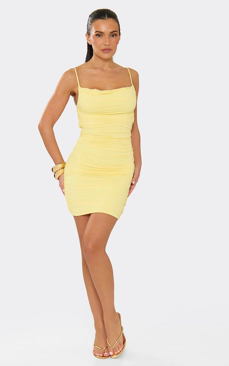 yellow tight dress Cindy Mini framed with a picot lace Yellow Tight Sleeveless Satin Halter