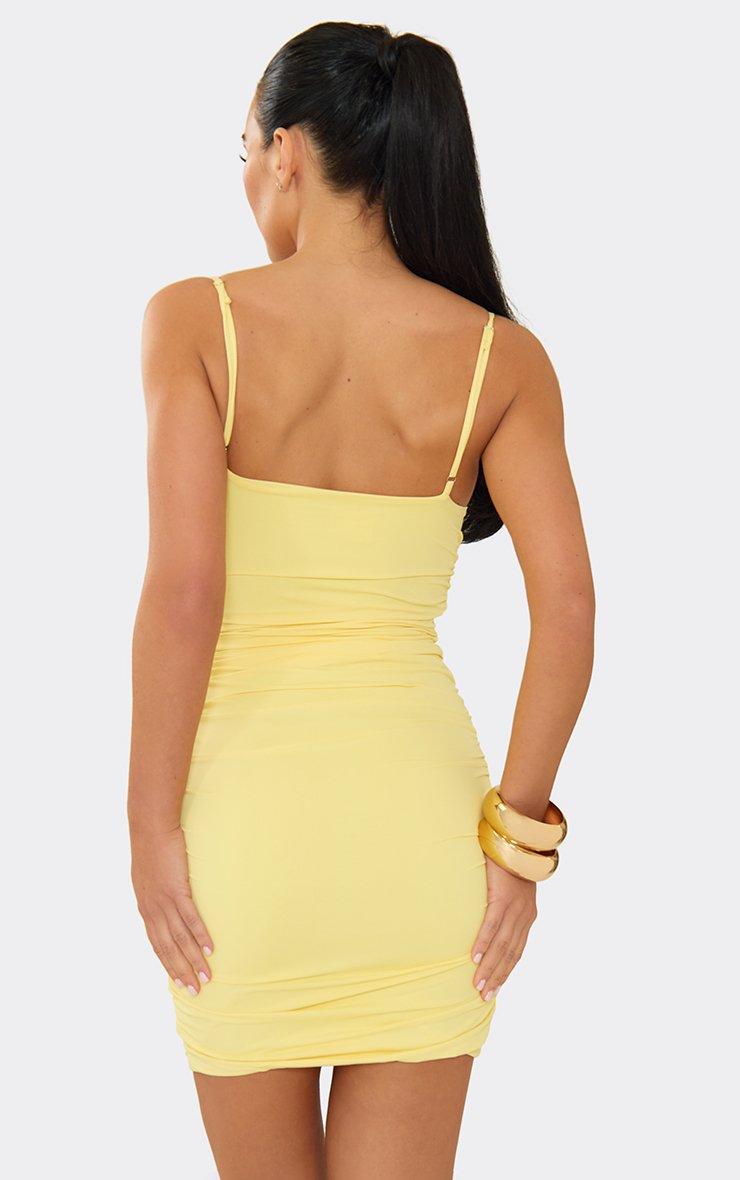 yellow slinky ring detail square neck bodycon dress Like A GloveTreat your curves to this stretchy crepe dress with a trendy square neckline and a sleeveless bodice with a squared open back Women's Basic Ruched Sexy Square